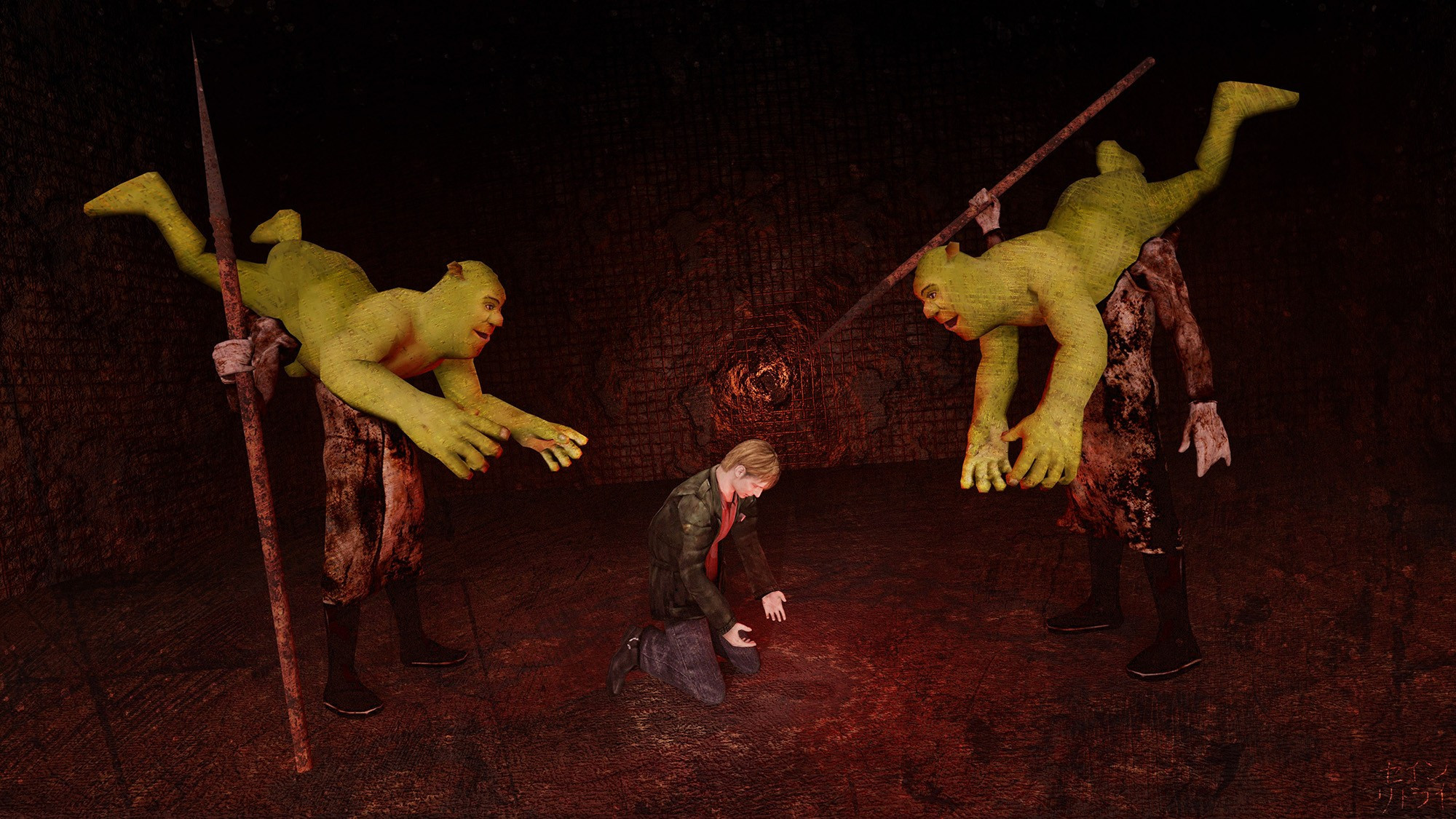 James Sunderland kneels on the floor, looking down at his hands in grief. To his left and right stand Shrekheads, which look exactly like Pyramidhead from Silent Hill 2 except that they each have a fully nude Shrek where their head would be. The Shrek bodies tilt downward, matching the slope of the original Pyramidhead helmet. The Shrekhead on the left holds a spear upright with the base of it resting on the ground. The Shrekhead on the right holds his spear high with the tip pointing downward at James. The floor has the pattern of a Persian carpet and the walls are all broken concrete with a grid of exposed rebar. The scene is illuminated by a dim red light, tinting the entire picture crimson. The nude Shreks atop the Shrekheads' shoulders reach their hands toward James, the expressions on their faces smiling at him like giant green babies. (They represent James' unresolved sexual feelings for Shrek.) Also as a finishing touch, I put a grunge layer over everything so the picture looks scratched and dirty.