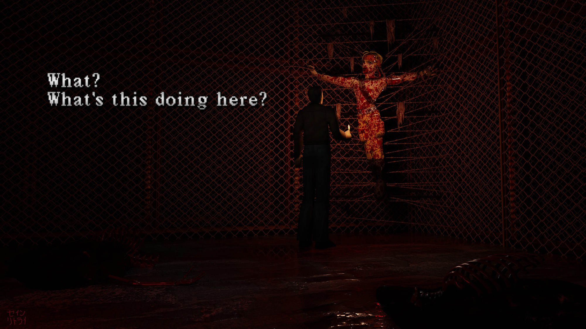 Harry Mason inspects the bloody, crucified body of Steve Burnside (concept art version) hanging from many strands of barbed wire. The ground is slick with puddles of blood and in the foreground, skeletal remains and half-eaten corpses are barely visible in the dark. The only light comes from Harry's lighter, the flame casts an orange glow over the bloody body in front of him and the rusty chain link fence all around them. (Fun fact: the chain link fence and barbed wire are all procedurally generated using Geometry Nodes in Blender!) Harry's subtitle text hangs in the air to his left. He says, "What? What's this doing here?"