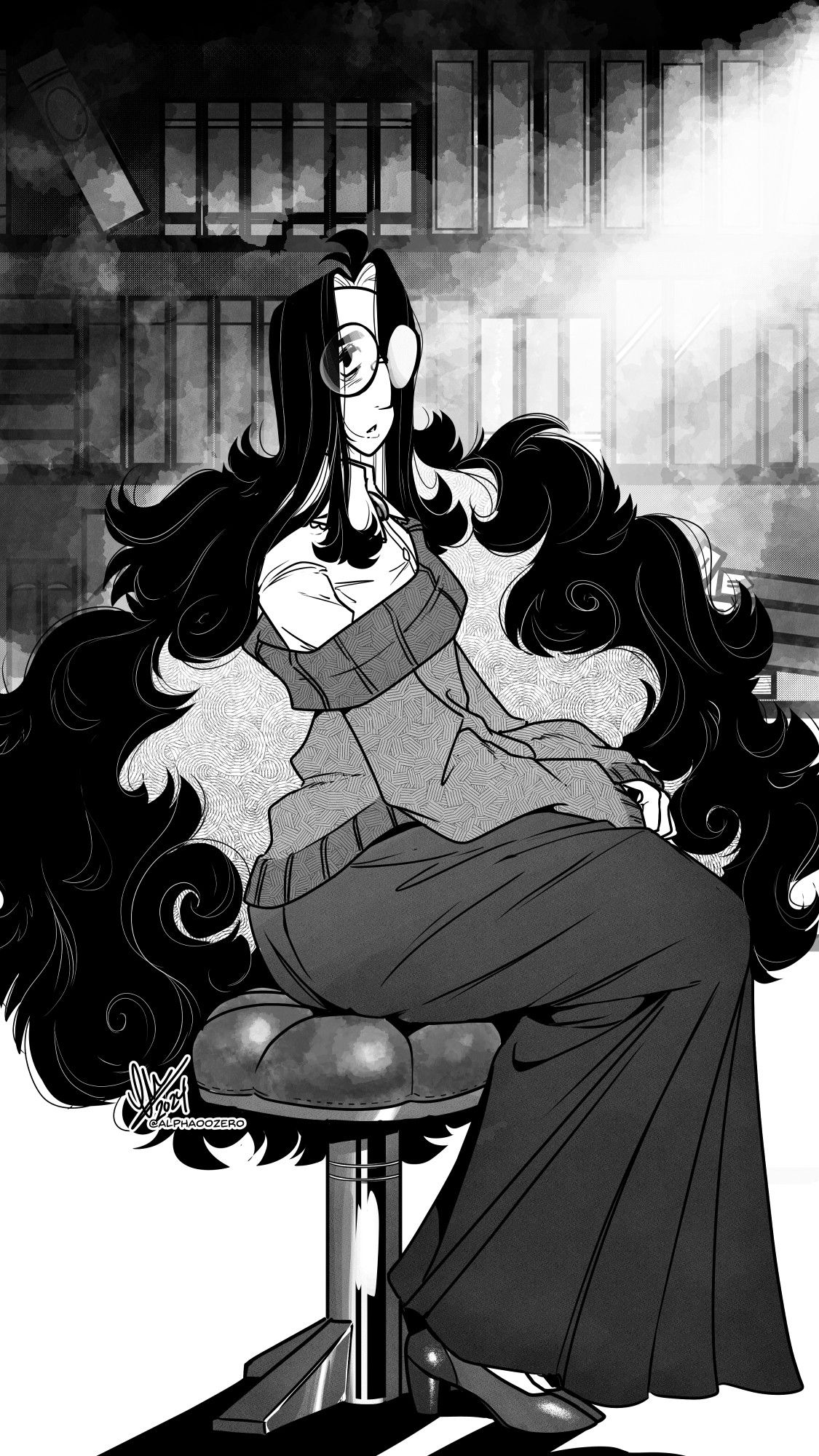 A woman sitting on a cushioned stool with a big bookshelf full of books, accompanied with a light ray coming from off-screen on the right, illuminating the floating dust.

Florentine is wearing a blouse with a loose open-shoulder sweater on top of it, a skirt reaching her ankles and low heeled shoes. Her giant swirly black hair encompasses most of her frame. She has big round framed glasses.