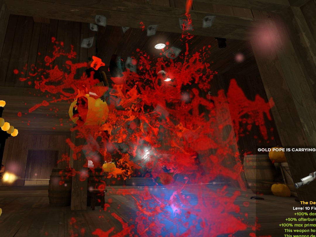 An enemy Pyro experiencing quite an unfortunate death, money can be seen floating around the splatters of blood