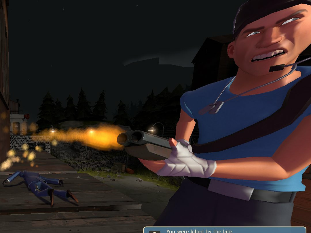 A Scout firing his scattergun at an awkward close angle, while a dead Spy of the same team can be seen further ahead