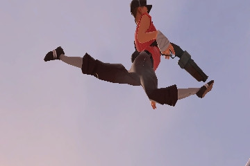 A Scout jumping awfully high in the sky, one of his knees is unnaturally bent the other way