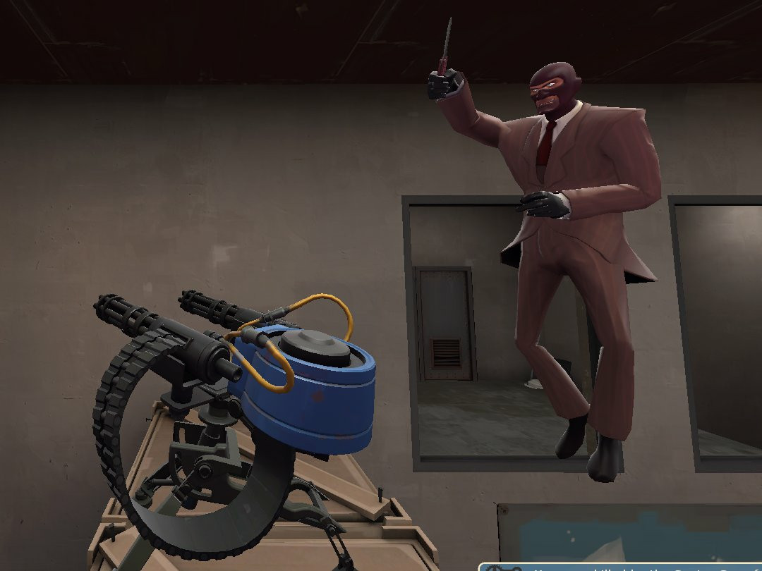 A Spy who forgot to disguise before sapping a Sentry, abojt to face ubfortunate consequences. It doesn't seem to work in his favor, judging by the fact he is holding a knife 