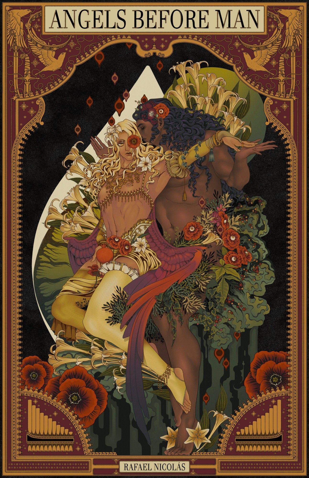 Cover for Angels Before Man by rafael nicolás, illustrated by Hyde Angelus. It depicts angel Lucifer, brown-skinned with long blonde hair and a red poppy flower over his left eye, along with white lilies in his hair. He holds a pomegranate on his lap. Angel. Michael is seated behind him, close to Lucifer's red-purple wings. He's brown-skinned with dark brown curls of hair cascading past his shoulders. Surrounding both of them, there are motifs of leafs, flowers, and poppies with eyes in them. There's also a border with golden decals where the title and author name are engraved, along with various motifs of instruments, swords, birds, and stars.