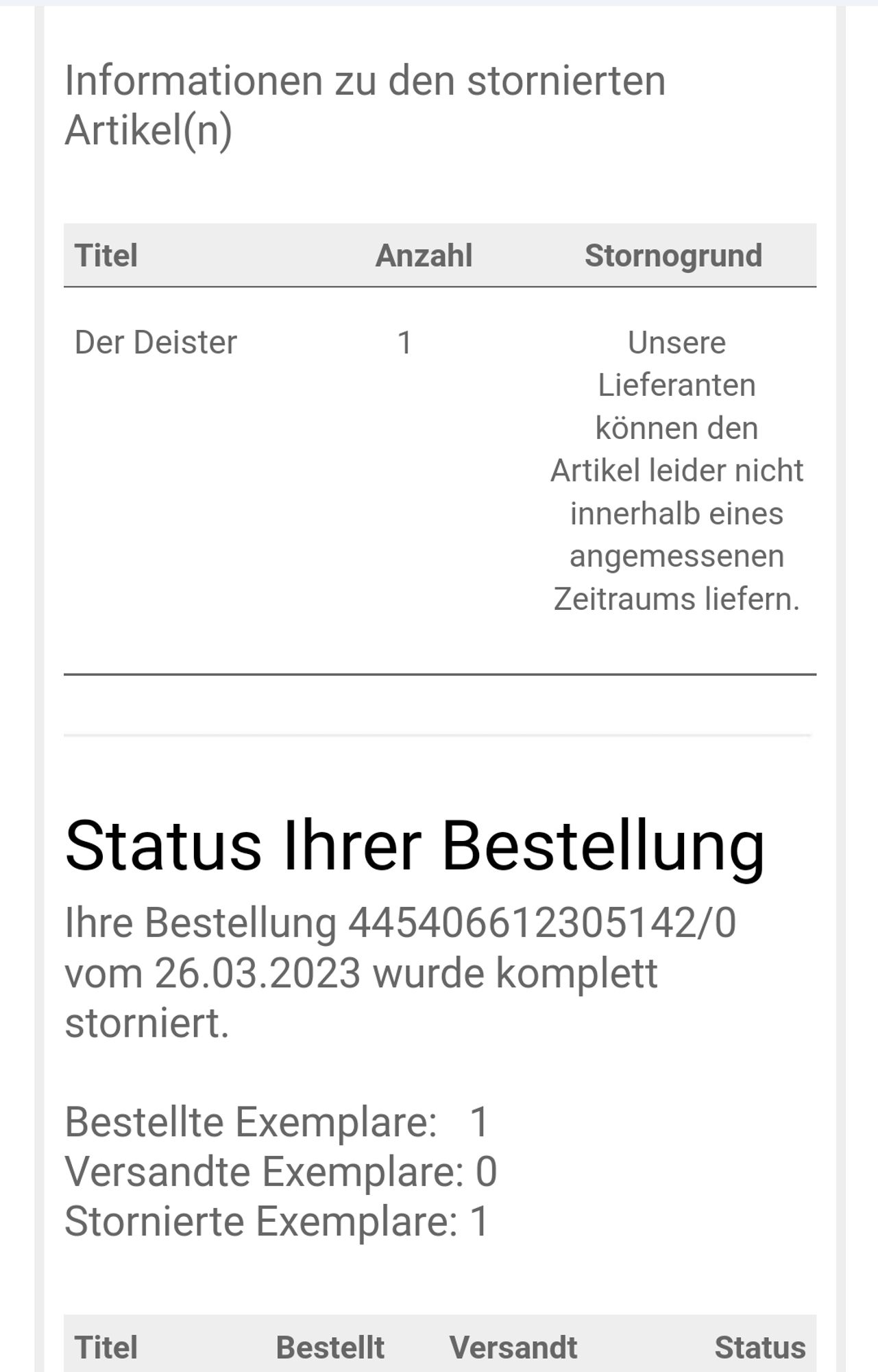 Screenshot Mail, dass Bestellung von März letzten Jahres storniert wurde weil nicht lieferbar