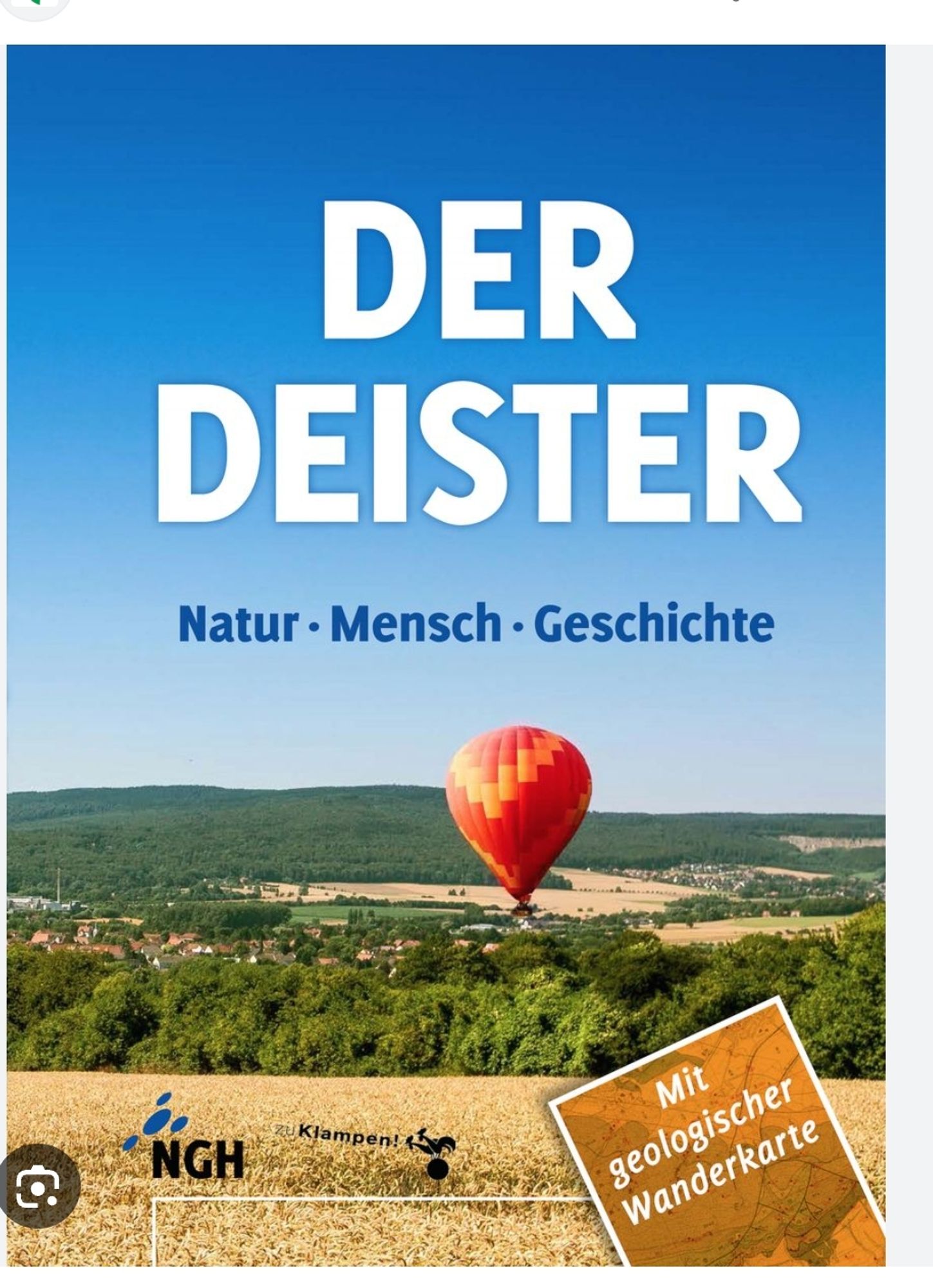 Foto Titelbild: der Deister, Natur, Mensch, Geschichte. Abgebildet roter Heißluftballon über flachem Bergkamm und wiesen