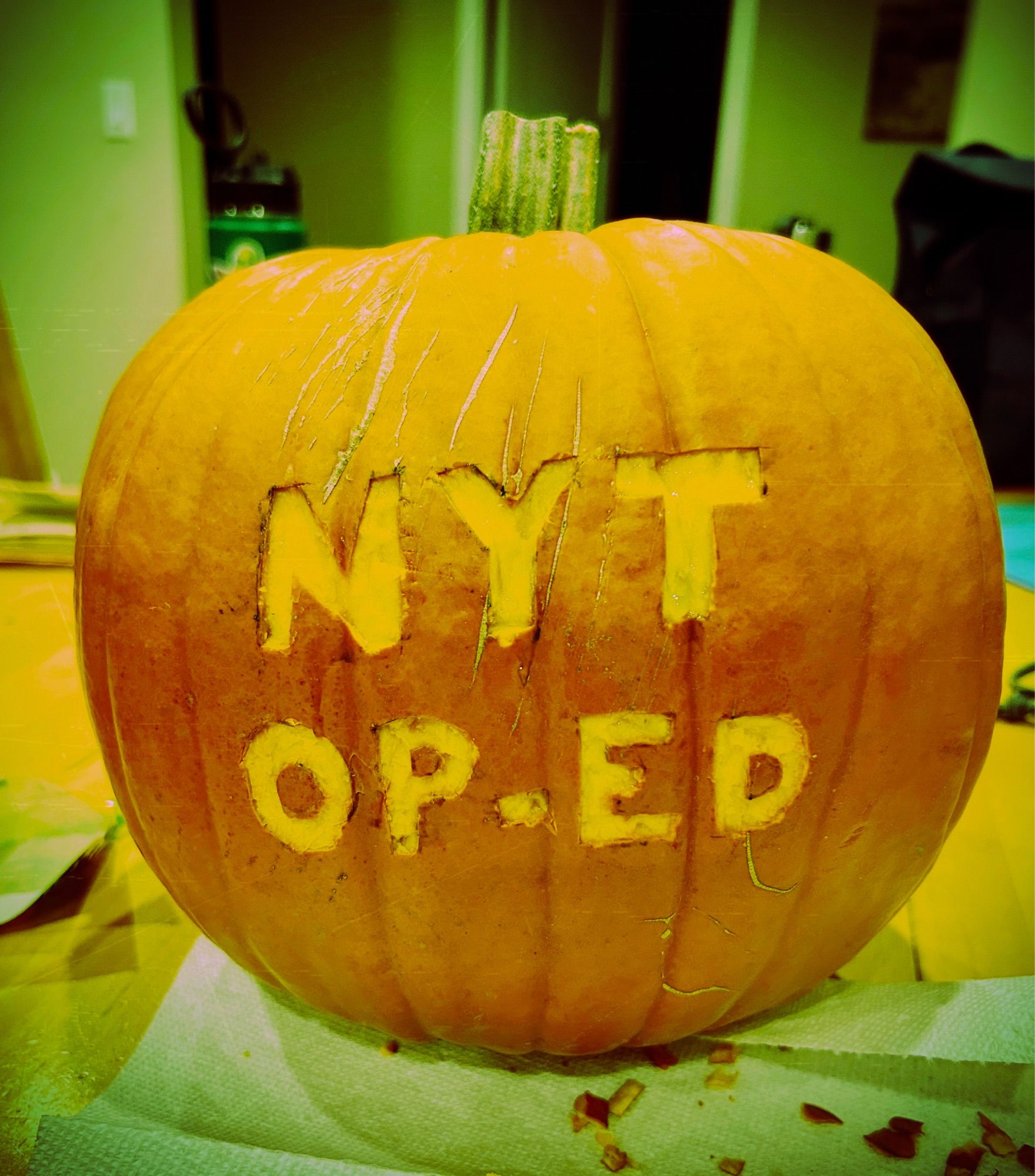 Jack o lantern that says “New York Times op-ed”