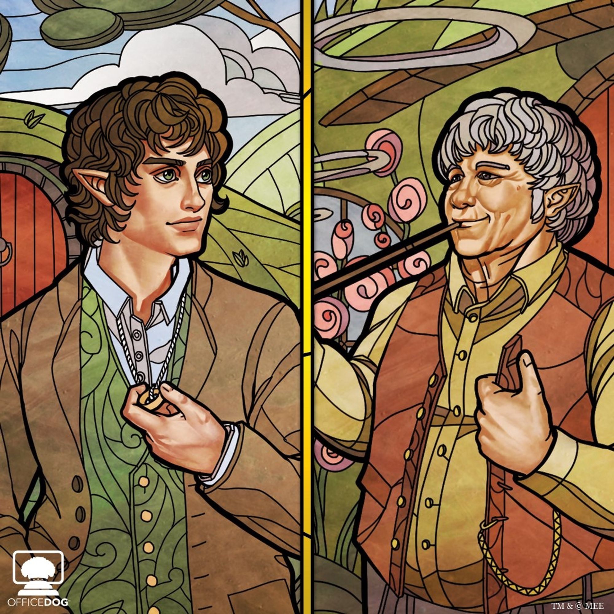 Stained glass style artwork of Frodo and Bilbo from the Lord of the Rings