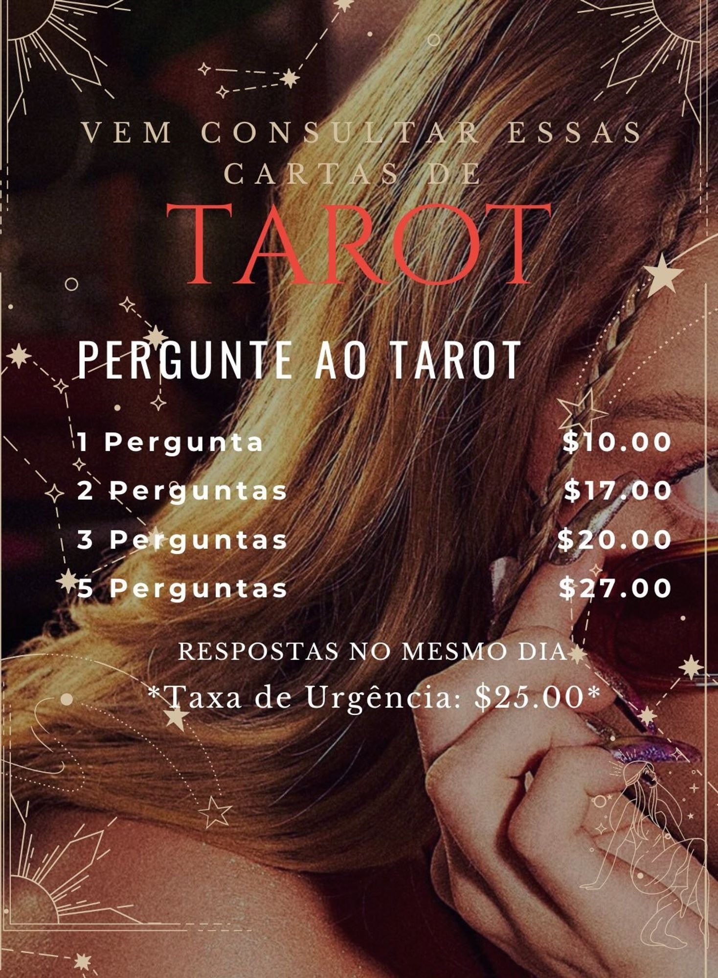 Mesa aberta, atendimentos com tarot e baralho cigano. Agendamentos disponíveis.

1 pergunta ao tarot por R$10
2 perguntas por R$17
3 perguntas por R$20
5 perguntas por R$25