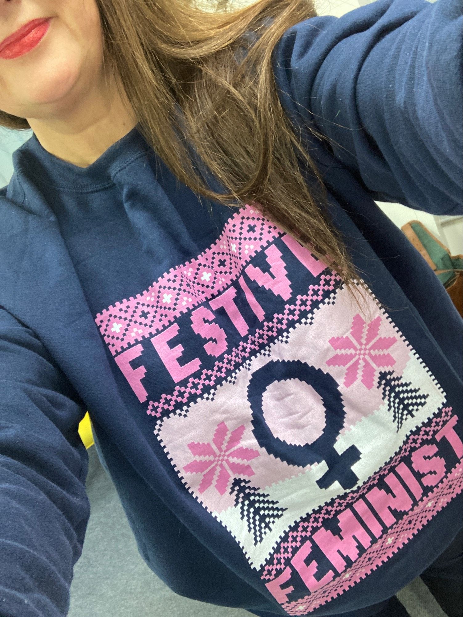 Jo in festive jumper - says festive feminist