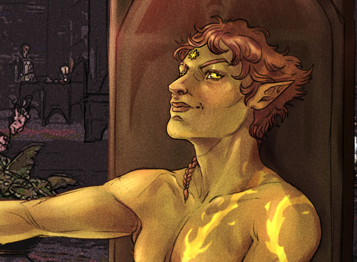 Oridiil, a golden-skinned and ruddy-haired Altmer viewed from the chest-up. He has a tattoo in the shape of a dragon that coils around his shoulder and down his chest. He has a smug expression and is sitting on a chair. Behind him, in purple colors, a vague temple background.