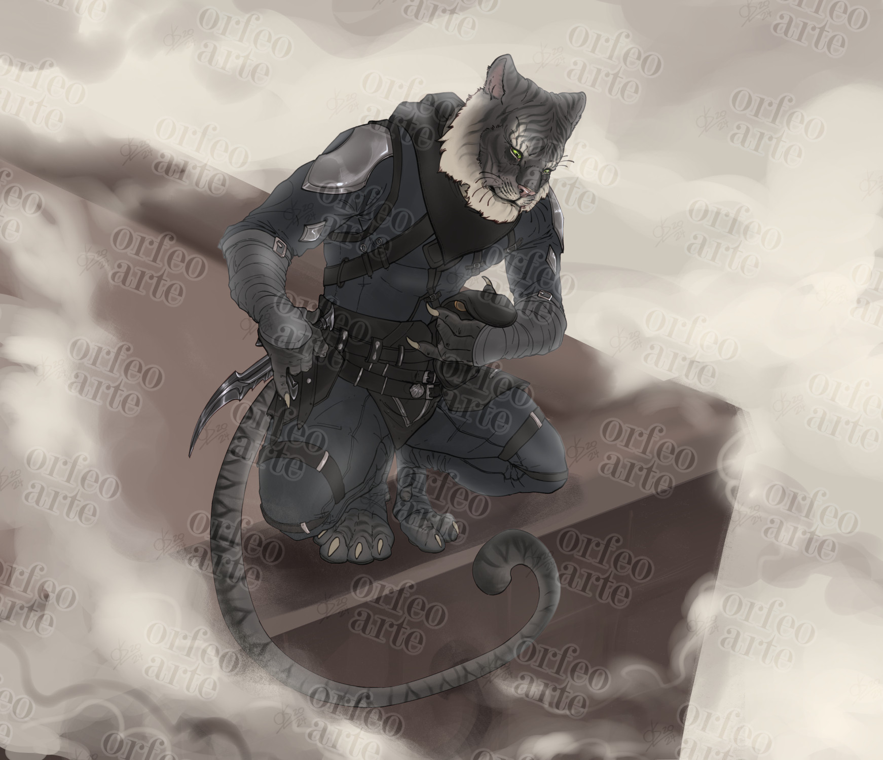 A grey khajiit (cat-person) is perched atop a roof, surrounded by fog. He is looking down at his mask and has an air of regret or hesitation. He's holding the Blade of Woe, an assassin's dagger.