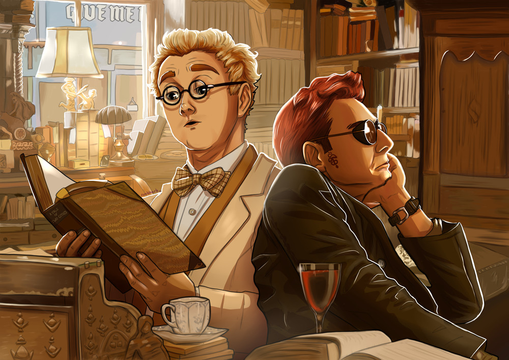 A redraw of one of the Good Omens 2 posters with Aziraphale and Crowley sat back to back in Aziraphale's bookshop :)