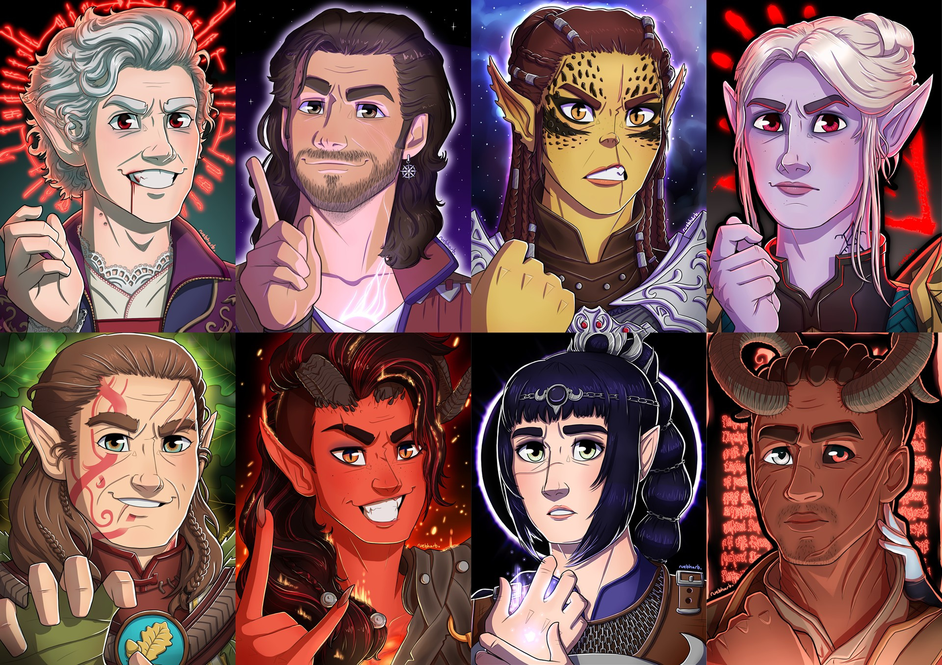 A collage of portraits of Astarion, Gale, Lae'zel, Minthara, Halsin, Karlach, Shadowheart, and Wyll from Baldur's Gate 3!