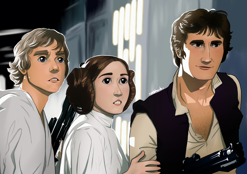 A screenshot redraw of Luke Skywalker, Princess Leia, and Han Solo from Star Wars: A New Hope!