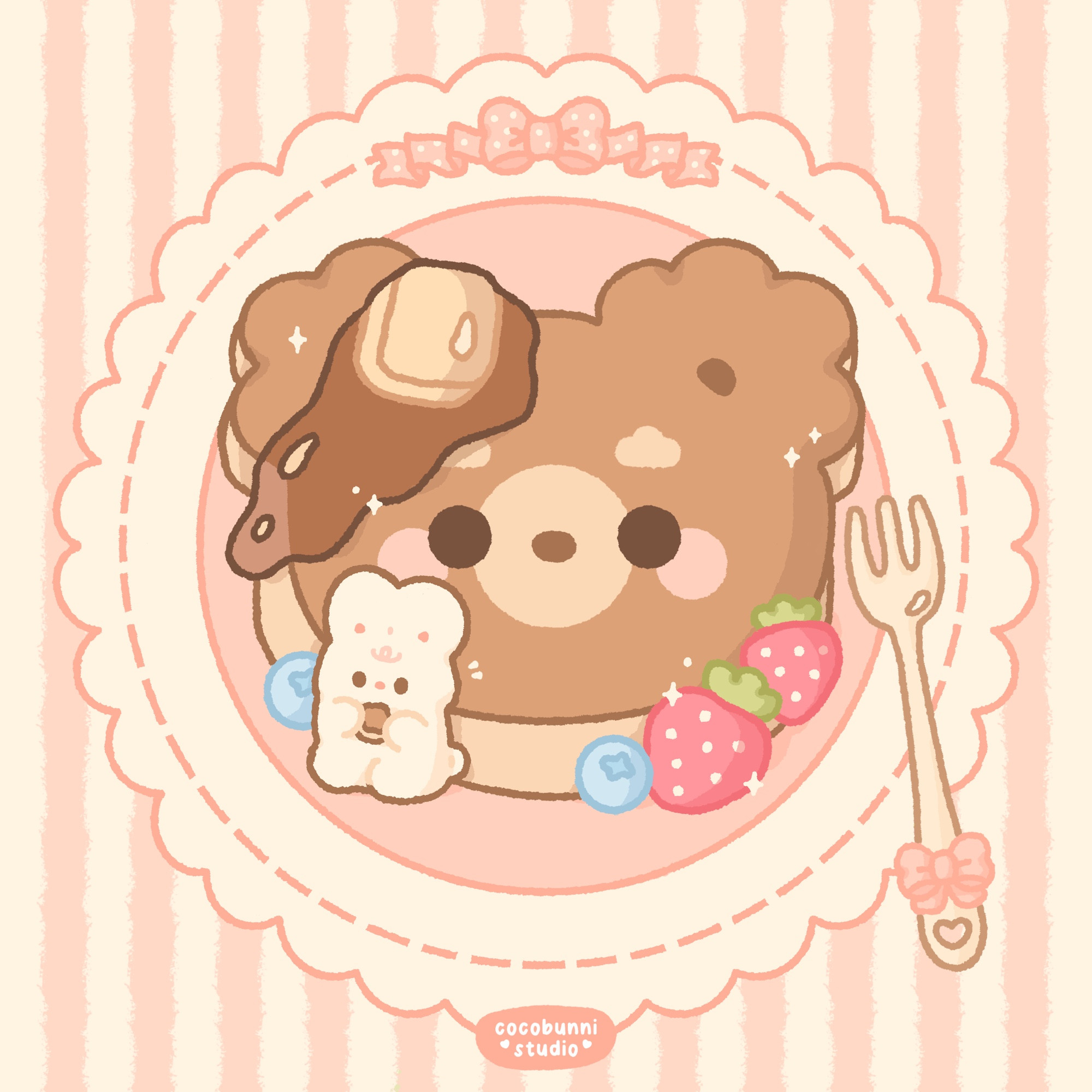 a pancake shaped as a cute bear, with a little bunny munching on the pancake while sitting on a dainty plate