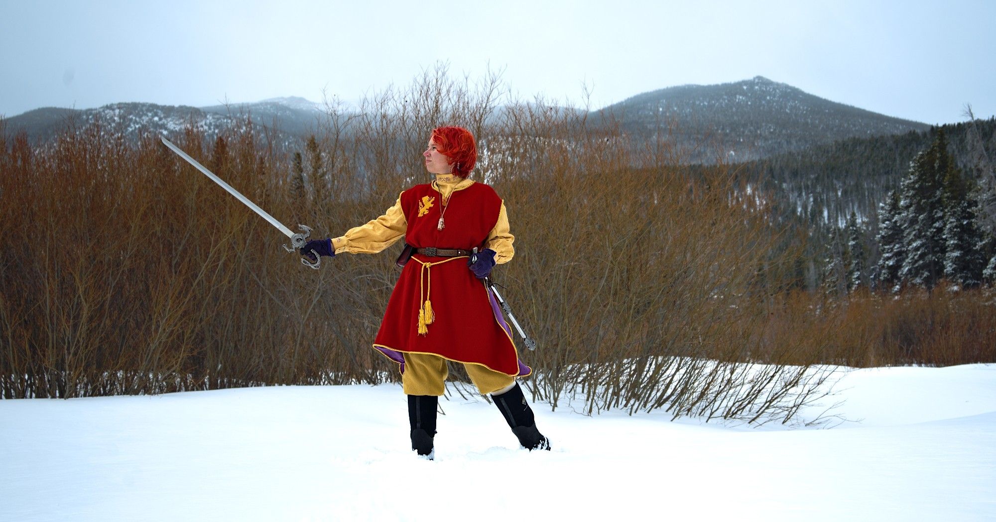 Rowan cosplaying the Tamora Pierce character, Alanna of Trebond. They stand against a snowy, mountainous landscape, grandly posed with their sword drawn.