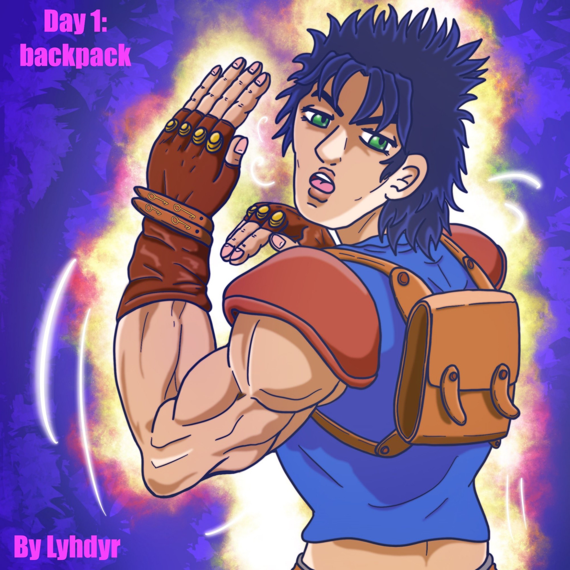 Fanart de Jonathan Joestar de Jojo's Bizarre, de medio cuerpo. Está en posición de combate, de espaldas mirando hacia atrás (hacia les espectadores). Lleva una pequeña mochila.