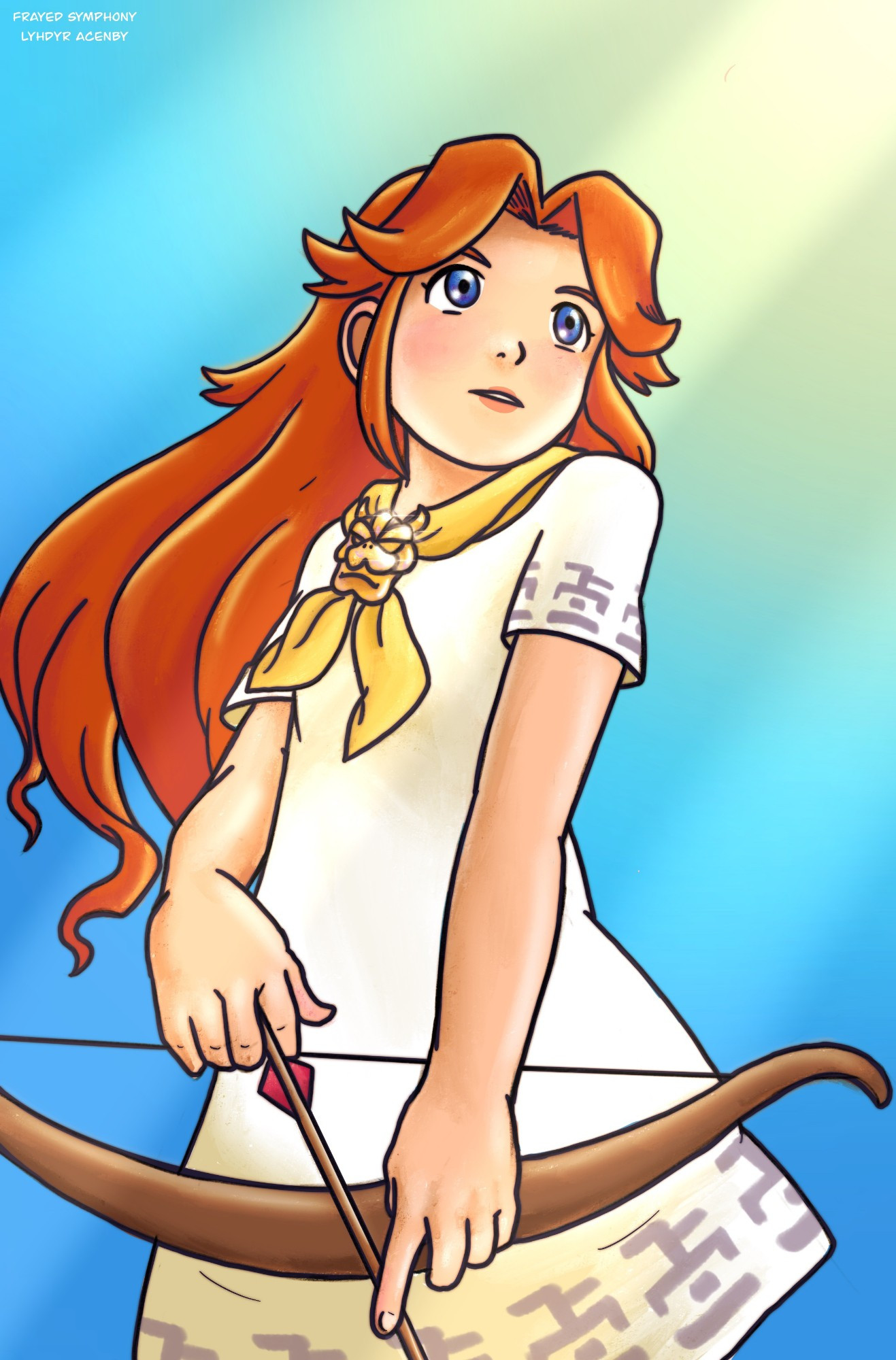 Drawing of Malon from Ocarina of Time. She is holding a bow and an arrow and is looking towards the sky