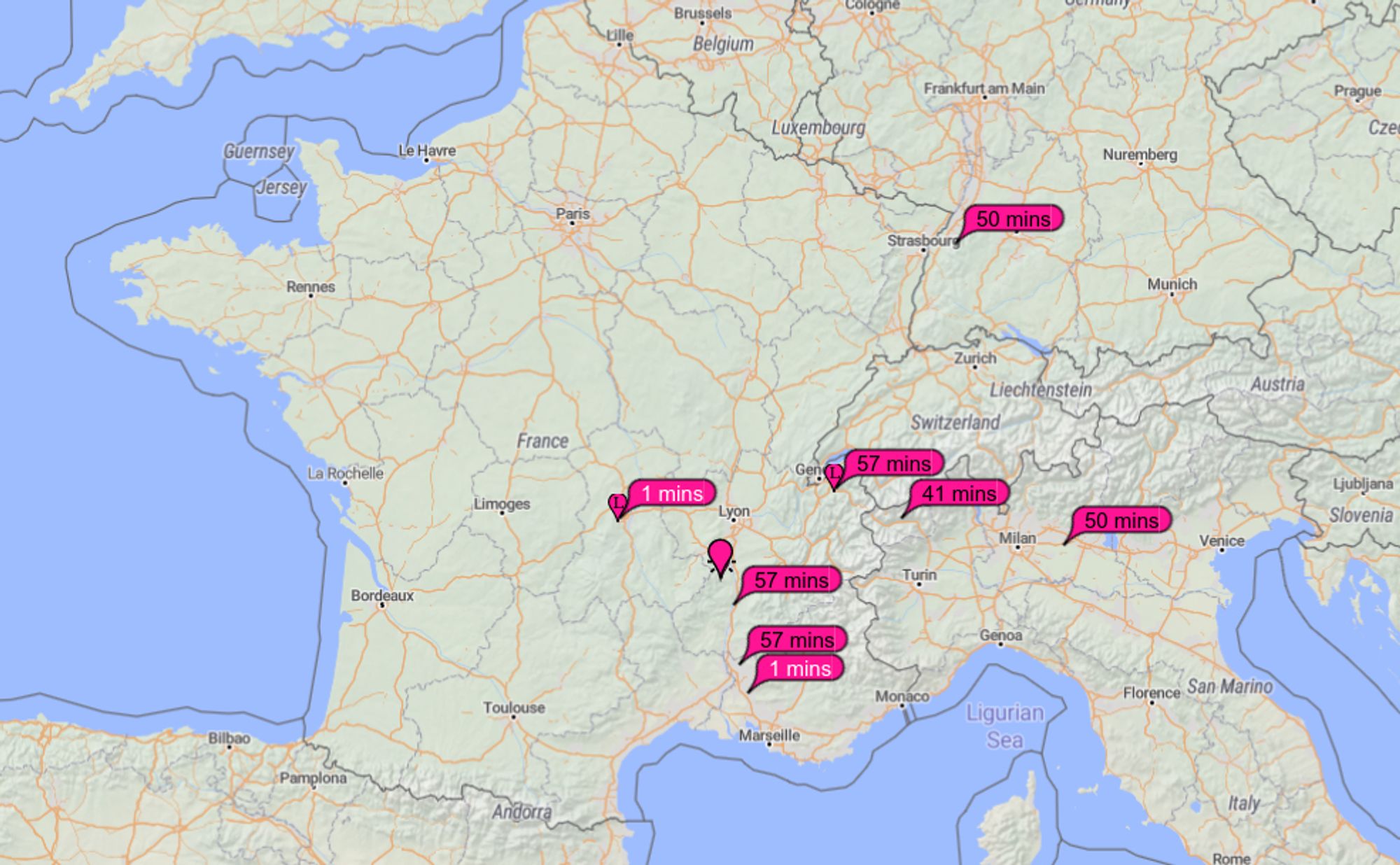 Map from pskreporter show spots in South-East of France, North of Italy and South-West of Germany