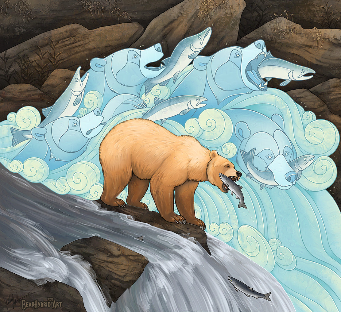 A blonde grizzly bear standing at a rocky river outcrop about to successfully catch a jumping salmon. Behind them a rush of memories in stylized shapes convey all the attempts to catch fish that came before.