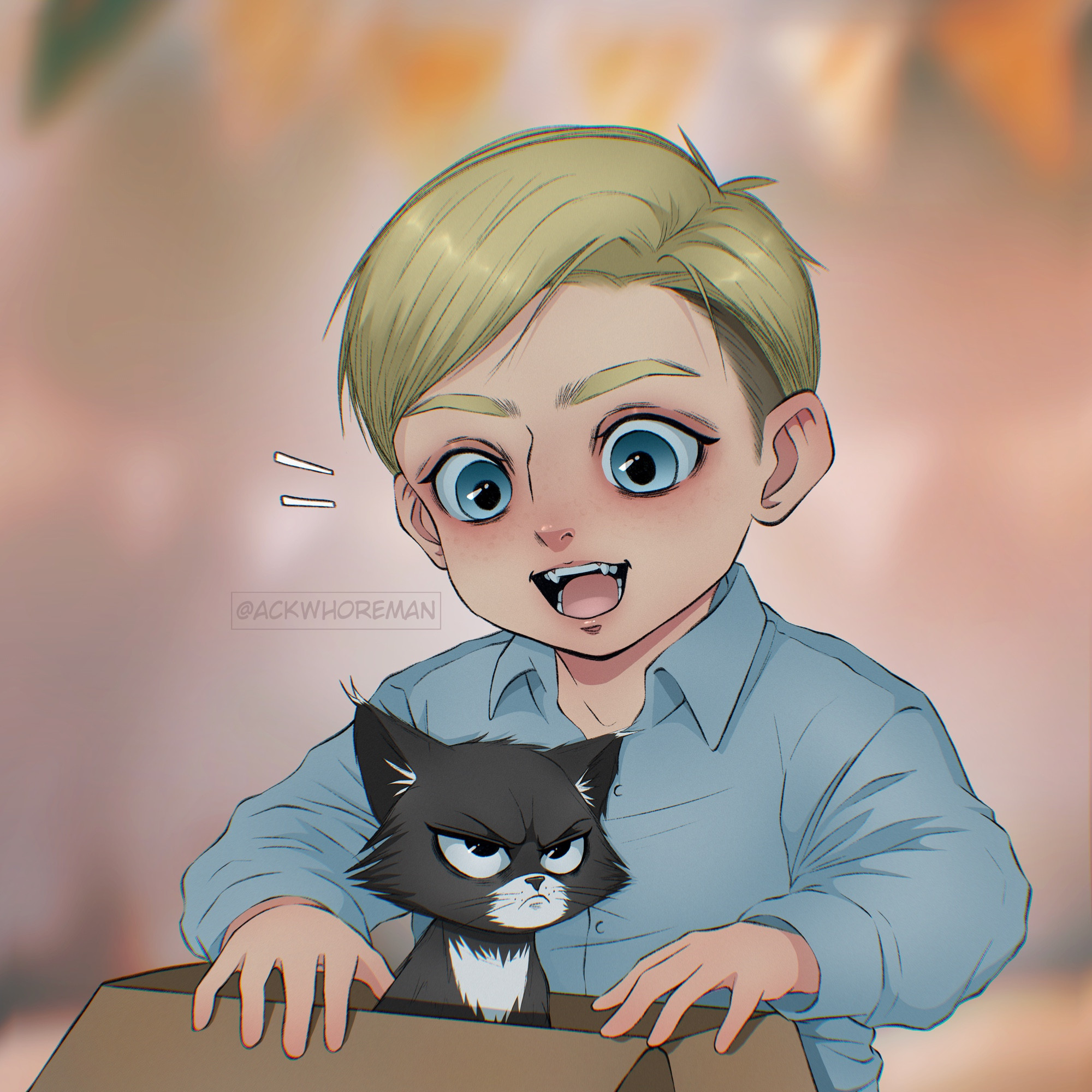 Young Erwin smith opening a birthday present with a grumpy cat in it that looks like Levi Ackerman 