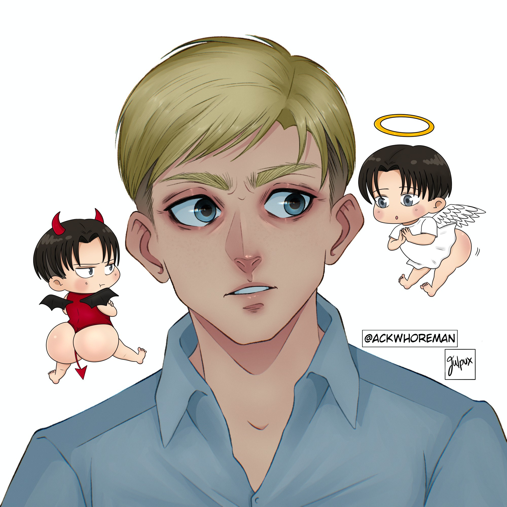 Erwin smith surrounded by an angel levi and a devil levi floating on both of his shoulders