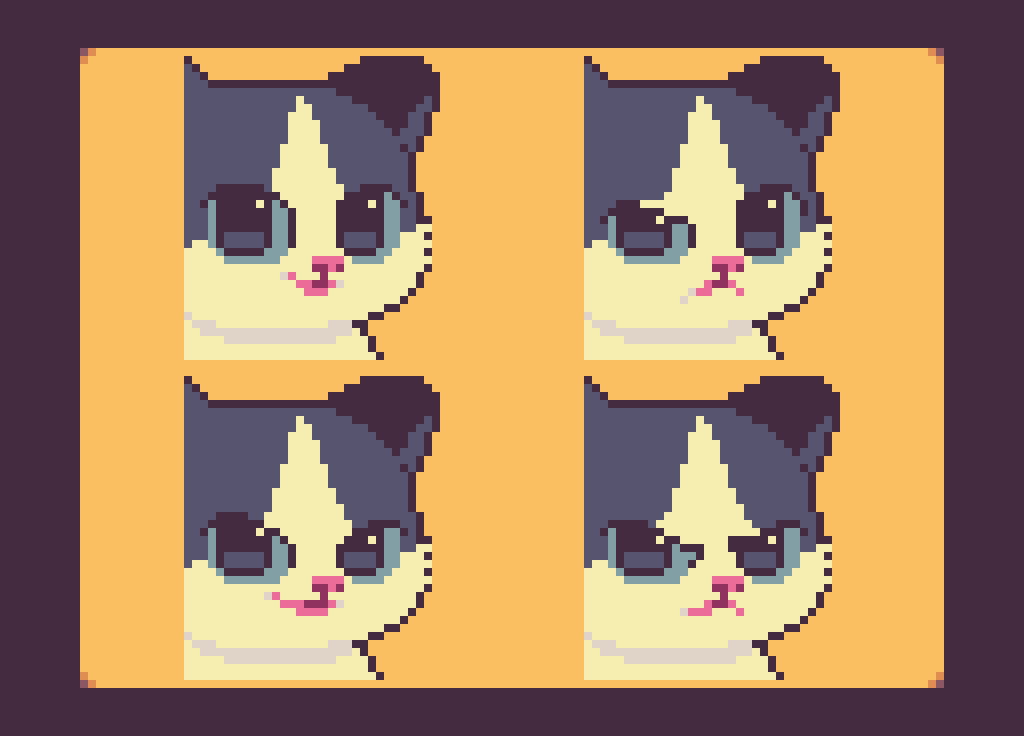 A Pixel Art Preview of Cats Emojis. The first one has a cat smiling at the camera. The second one has them with a confused expression. The third one has a cheeky smile with their eyes lowered. The fourth one has them with an angry expression.