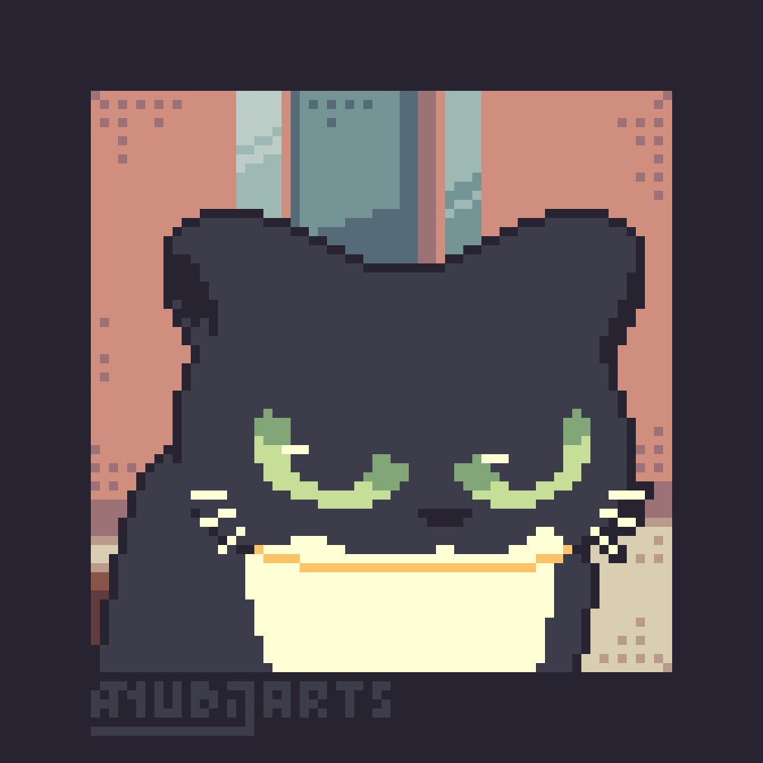 A Pixel Art Redraw featuring Uni the Cat, who's staring at the right side of the screen, while having an angry expression. The white fur he has makes the separation between his mouth and head/body look like a 3 that's rotated 90 degrees to the right. I don't know if I should be threatened or admire his cuteness.