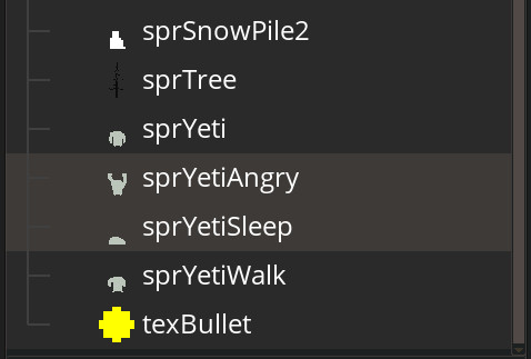 Screenshot of GamerMaker IDE showing some sprite resources. Highlighted are the resources "sprYetiAngry" and "sprYetiSleep". These are unused in the final game.