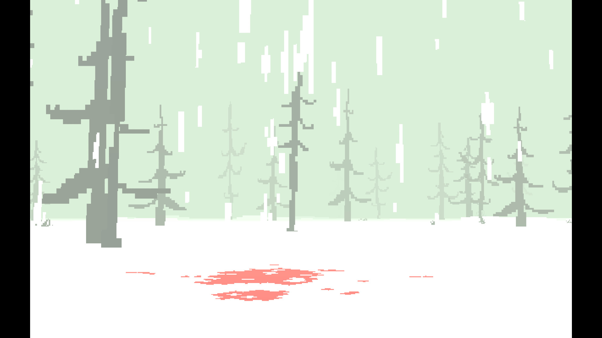 Screenshot of Vlambeer's YETI HUNTER. A pool of blood in a field of snow, surrounded by pine trees in the middle of a snowstorm. No yetis can be seen.