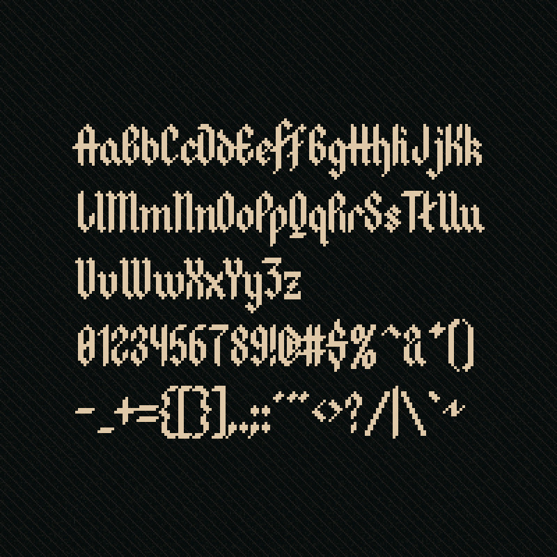 Font specimen for my blackletter pixel font 'Kingdom'.