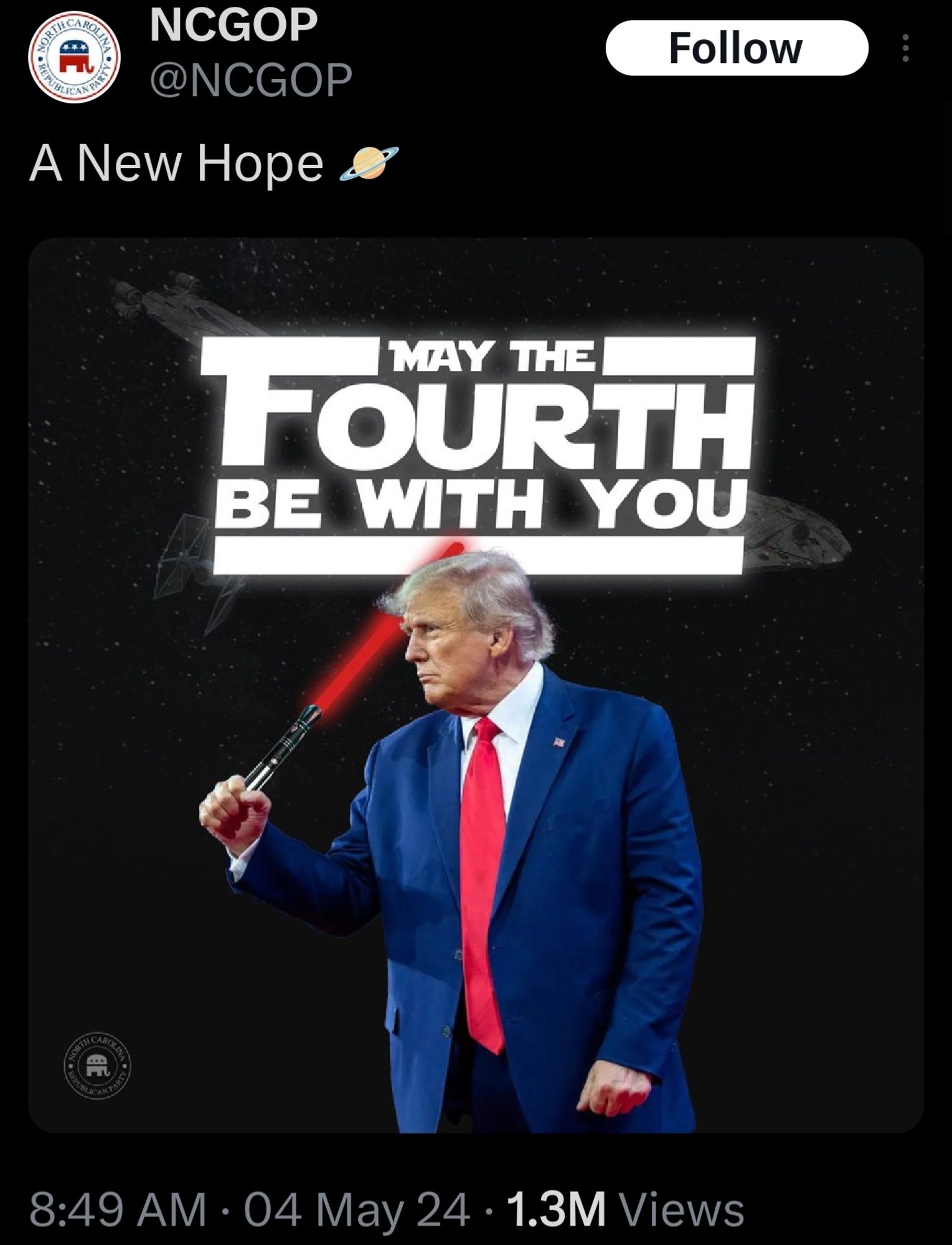 @NCGOP on Twitter posting image of Trumpf holding a short red lightsaber with "May the Fourth be with you" written above him