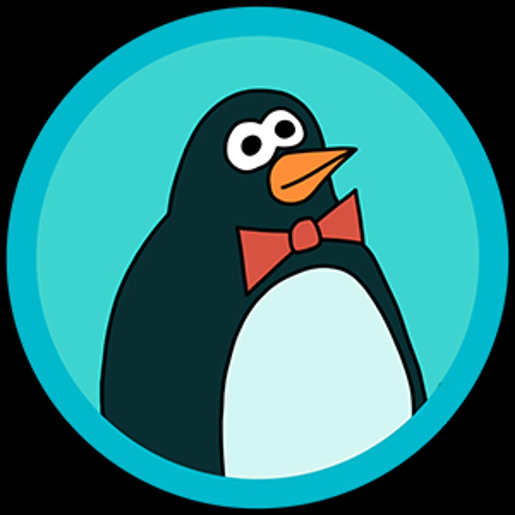 cartoon image of black and white penguin with red bowtie on a turquoise background