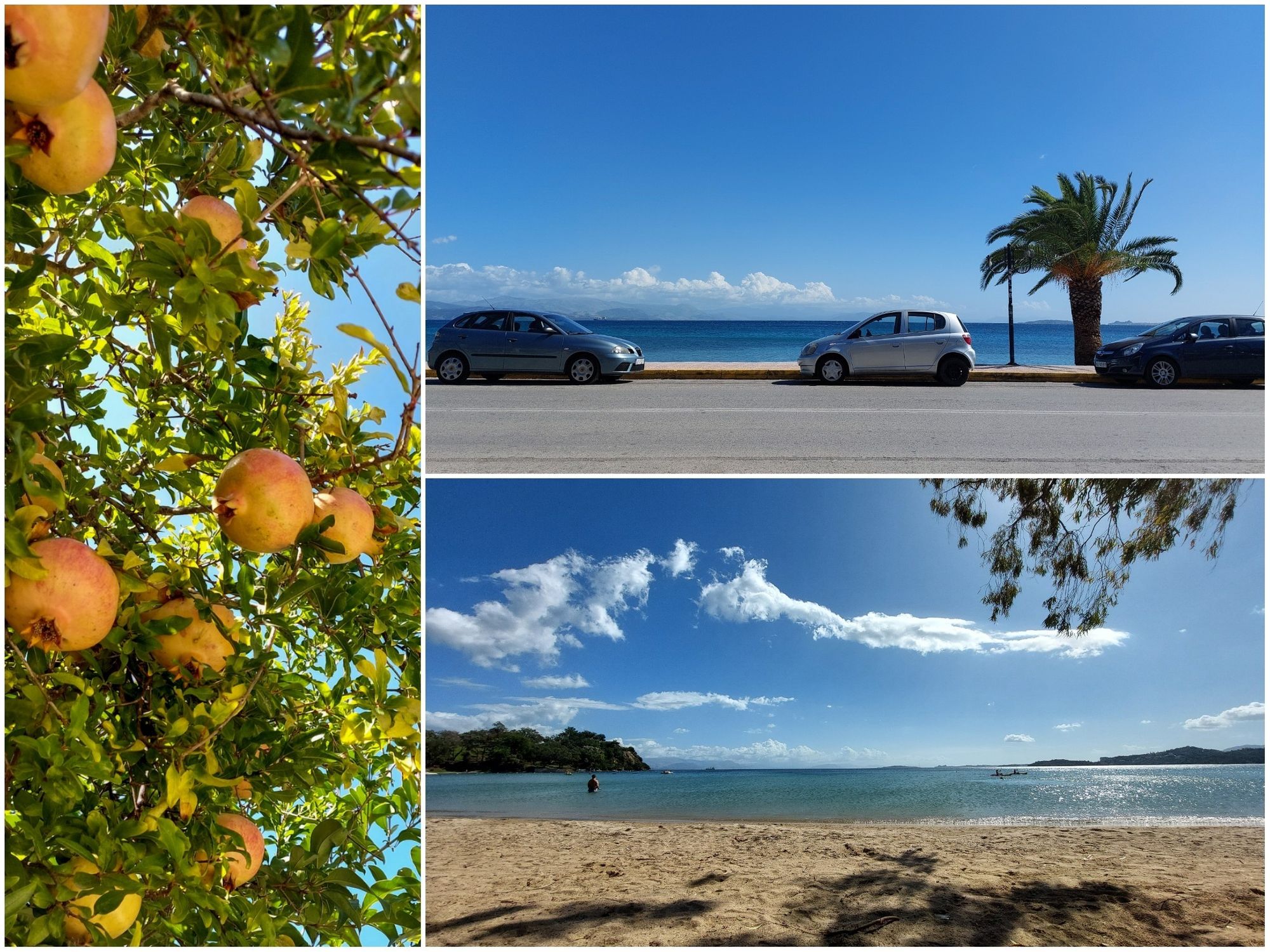 Collage mit 3 Bildern: Granatäpfel am Baum, Blick über eine Straße, zwischen parkenden Autos das Meer, Sandstrand mit Meer, hinten bewaldete Hügel, alles mit blauem Himmel