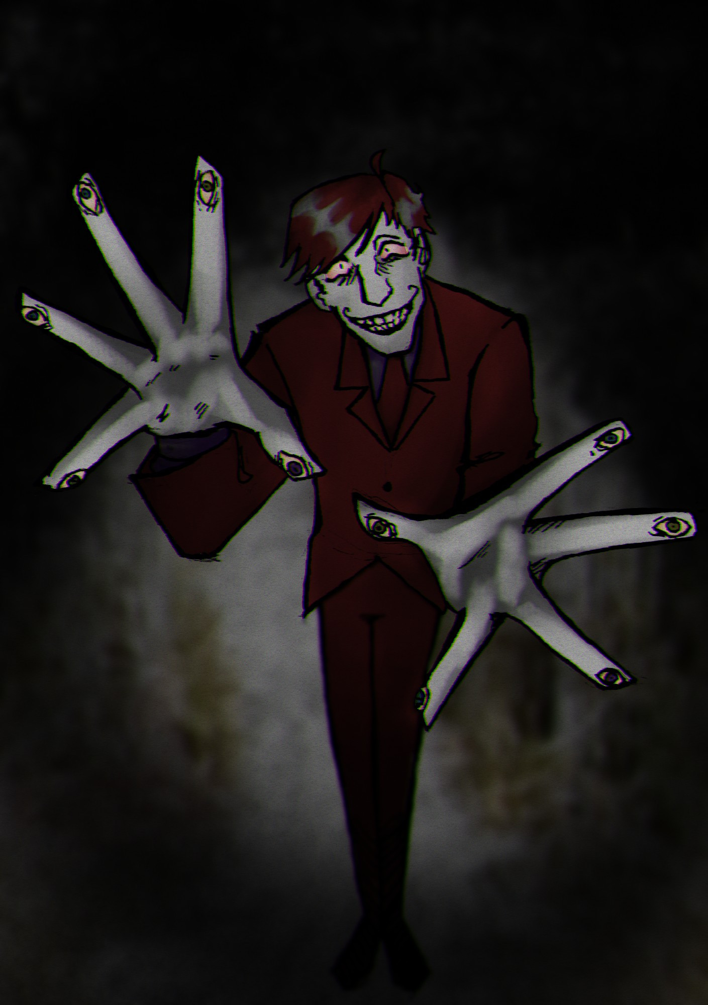 A dark image of a figure of a male humanoid in a red suit, he has a grin on his face and his hands are outstretched with what seems to be eyes on the finger tips!