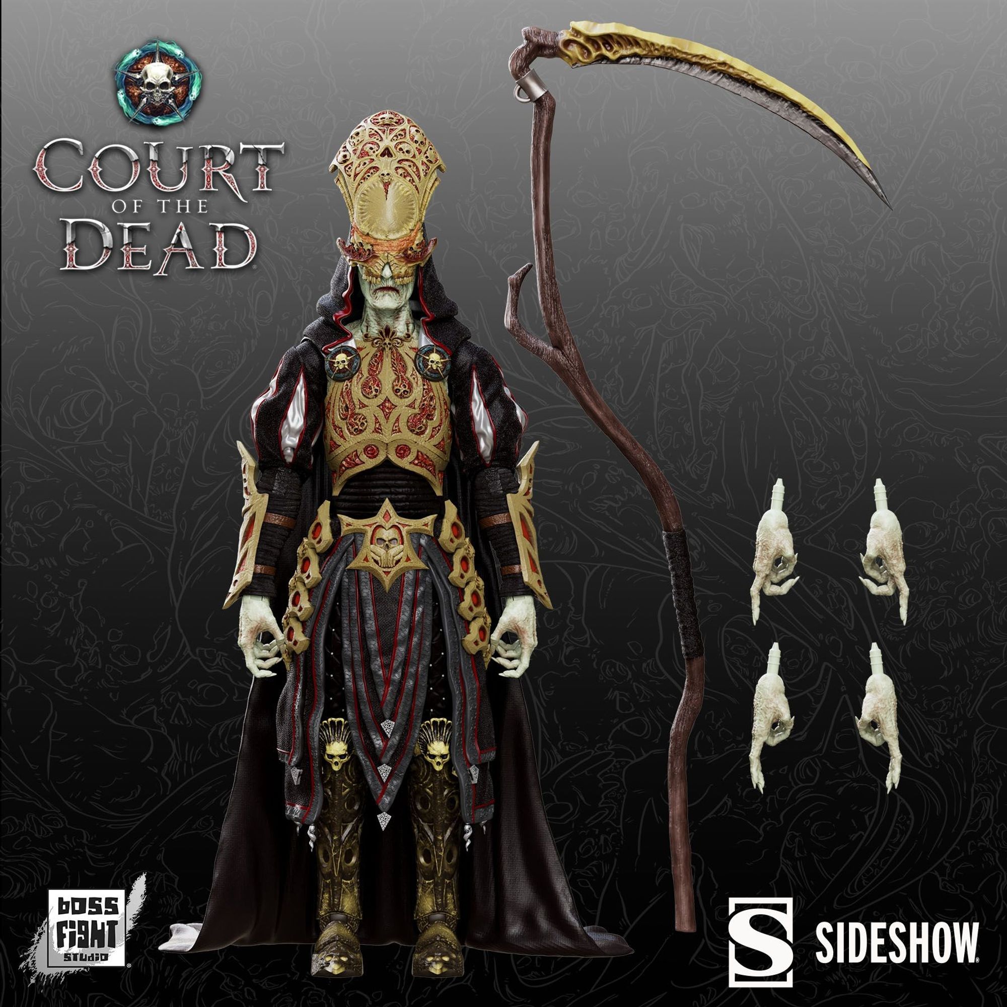 A front-facing digital render of the COTD Death figure, with his scythe and alternate hands next to him.  The figure is primarily gold and black.