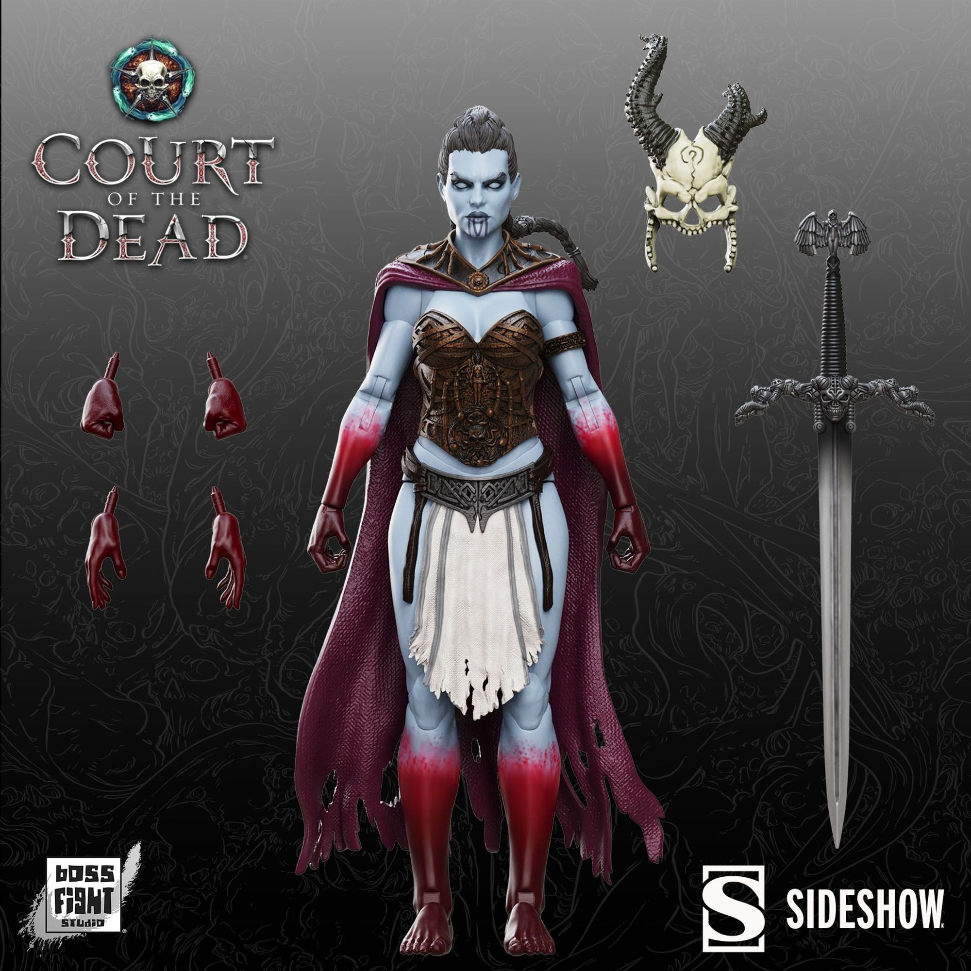 A front-facing digital render of the COTD Kier figure, with her accessories, alternate hands, sword and mask, to either side of her.  The figure is primarily pale blue and red.