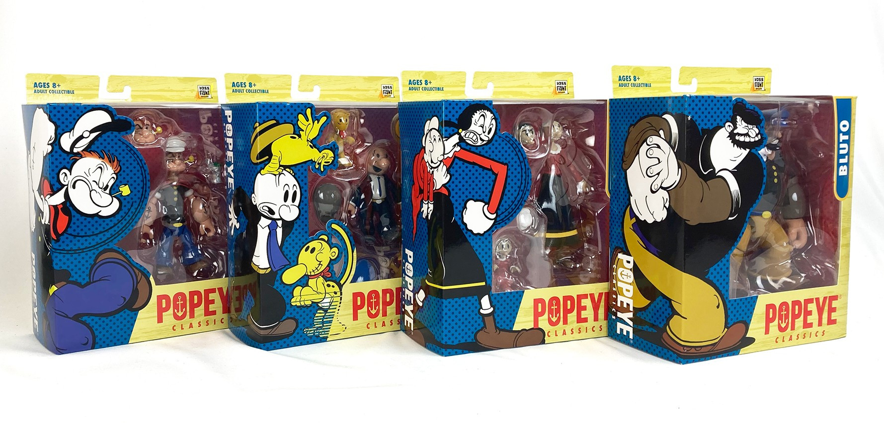 A photo of the four wave 1 Popeye figures in box.