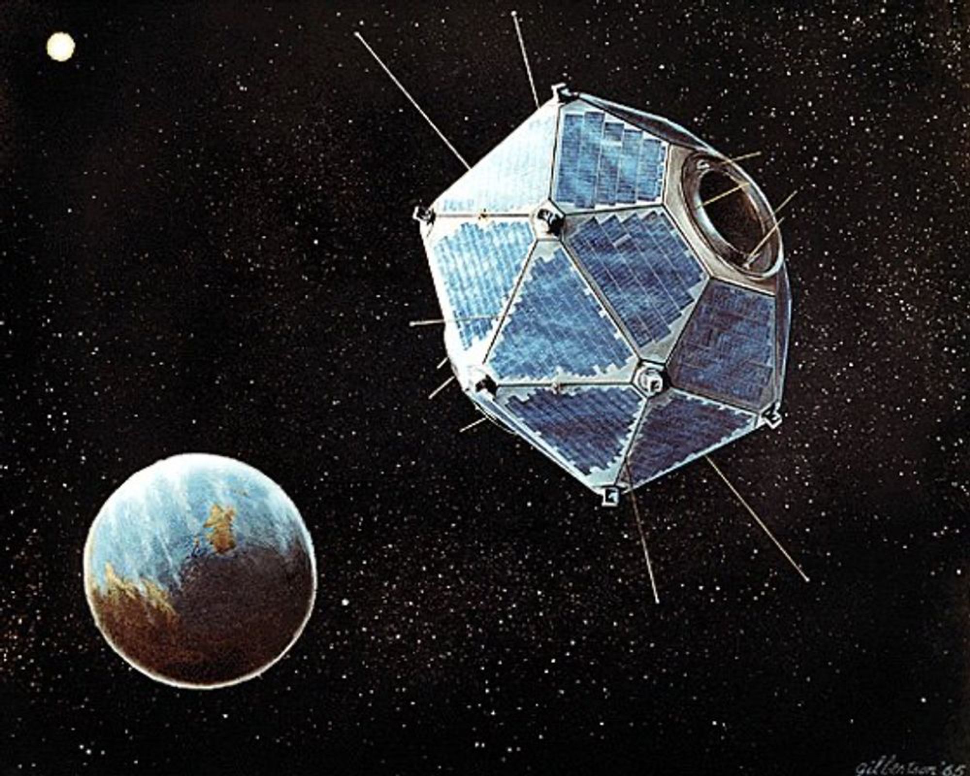 A color drawing of a VELA satellite orbiting Earth. The satellite has multiple antennas sticking out of it and is covered in small solar panels.