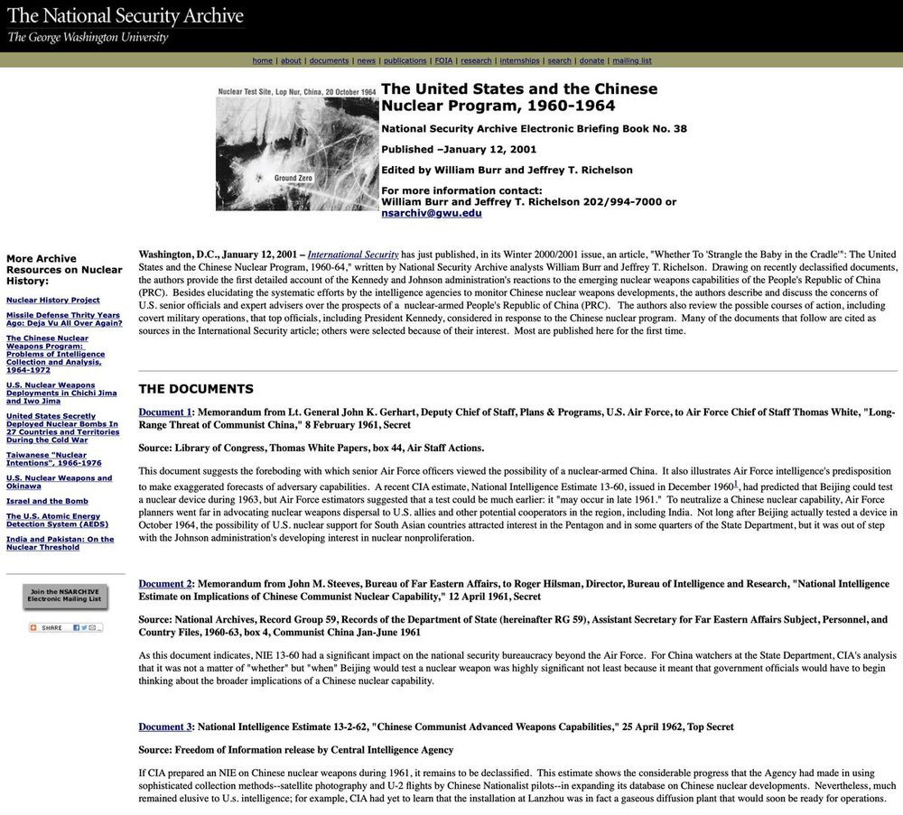 A screenshot of the first National Security Archive web page in the link, “The United States and the Chinese Nuclear Program, 1960-1964."