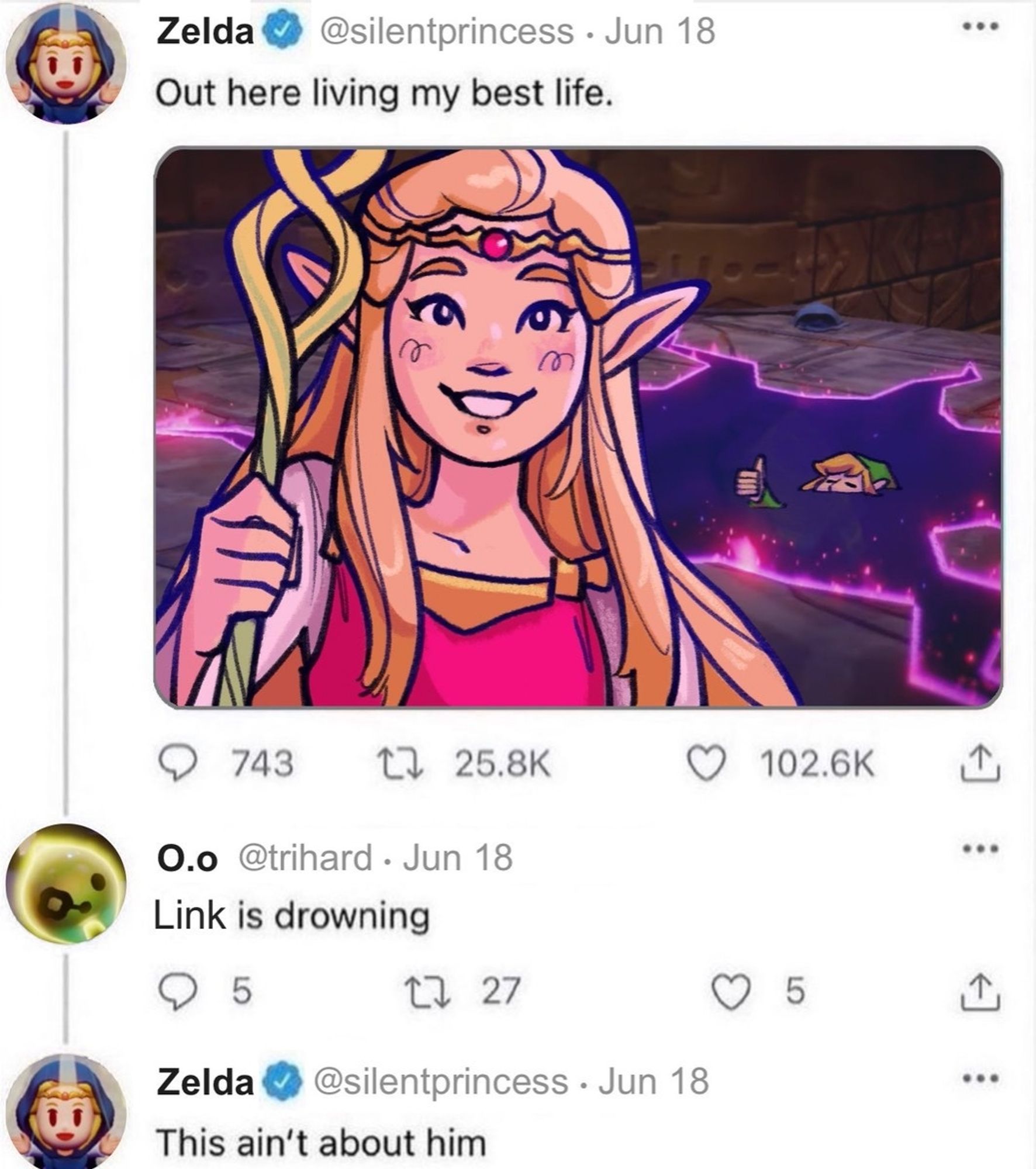 A drawn image of the Nintendo character Zelda, at the top of a series of tweets. The tweets read as follows:

Zelda: "Out here living my best life."
O.o: "Link is drowning
Zelda: This ain't about him