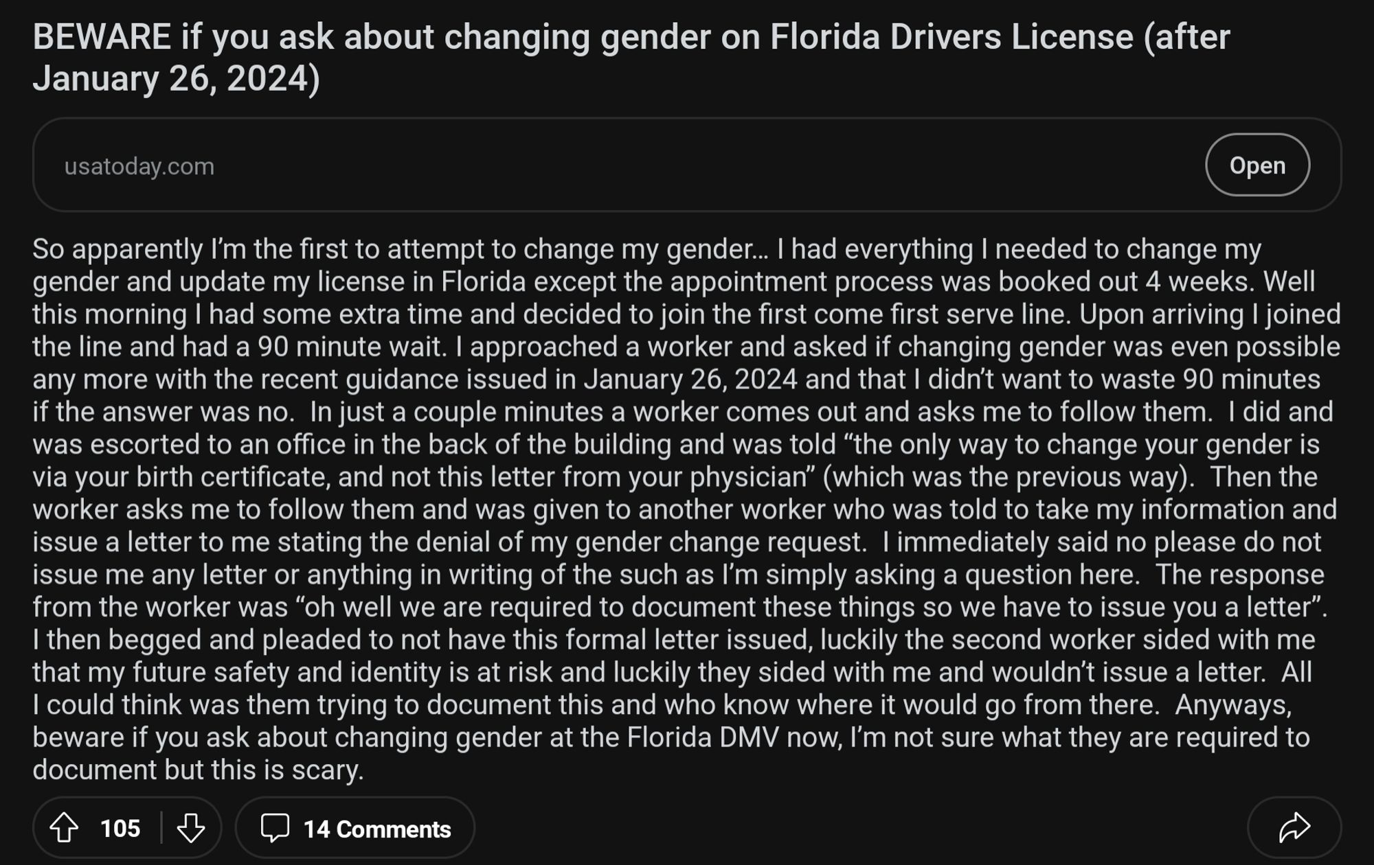 BEWARE if you ask about changing gender on Florida Drivers License (after
January 26, 2024)