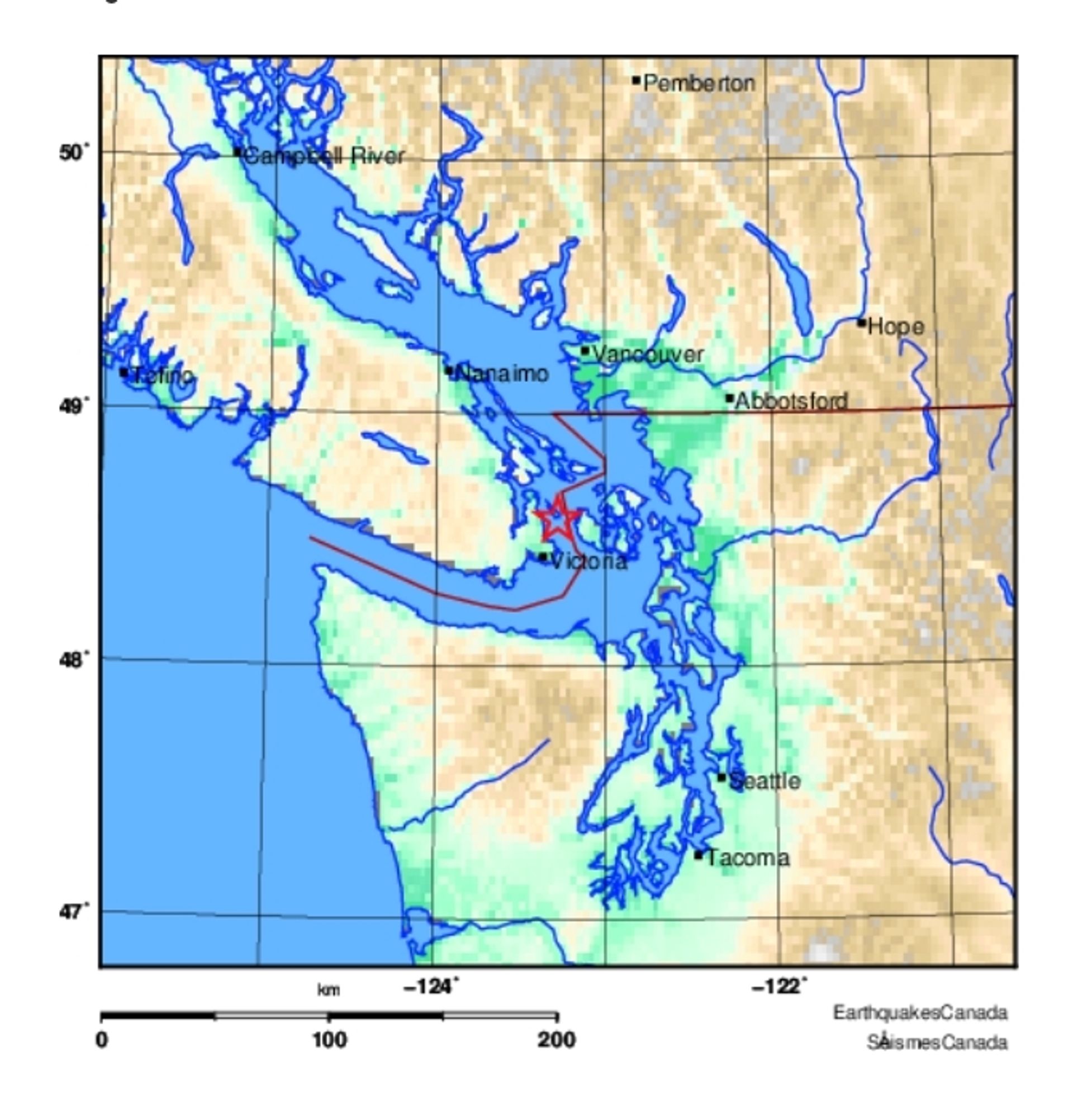 Map showing the location of today's M3.7 earthquake. It was located 10 km SE of Sidney and 20 km NW of Victoria.