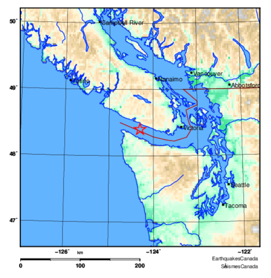 Map showing the location of the M3.6 earthquake on Monday evening at 7:17 p.m. It was located 18 km southeast of Port Renfrew and 70 km west of Victoria.