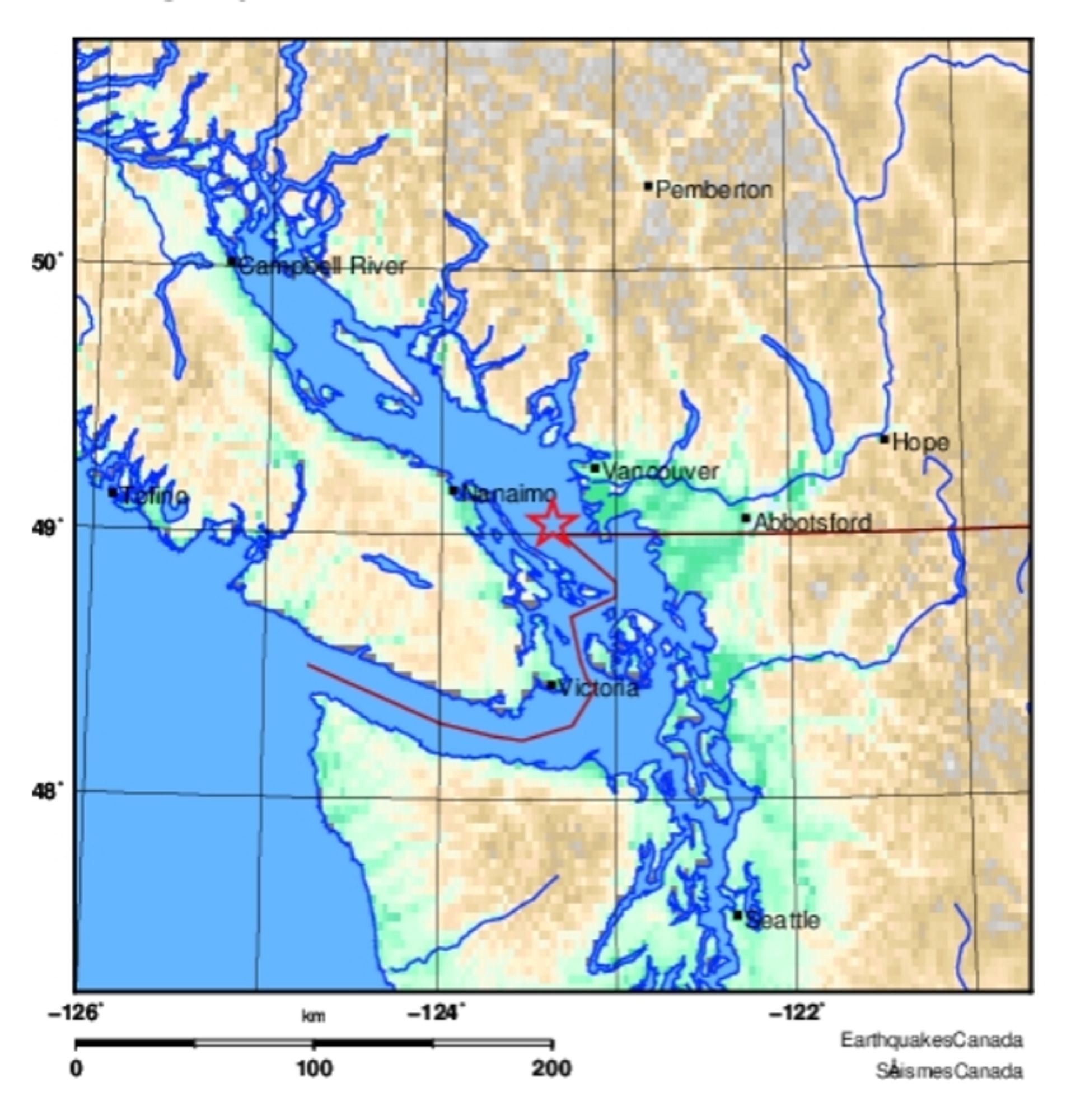 Map showing the location of this mornings deep M3.8 earthquake. It was located about 30 km SW of Vancouver.