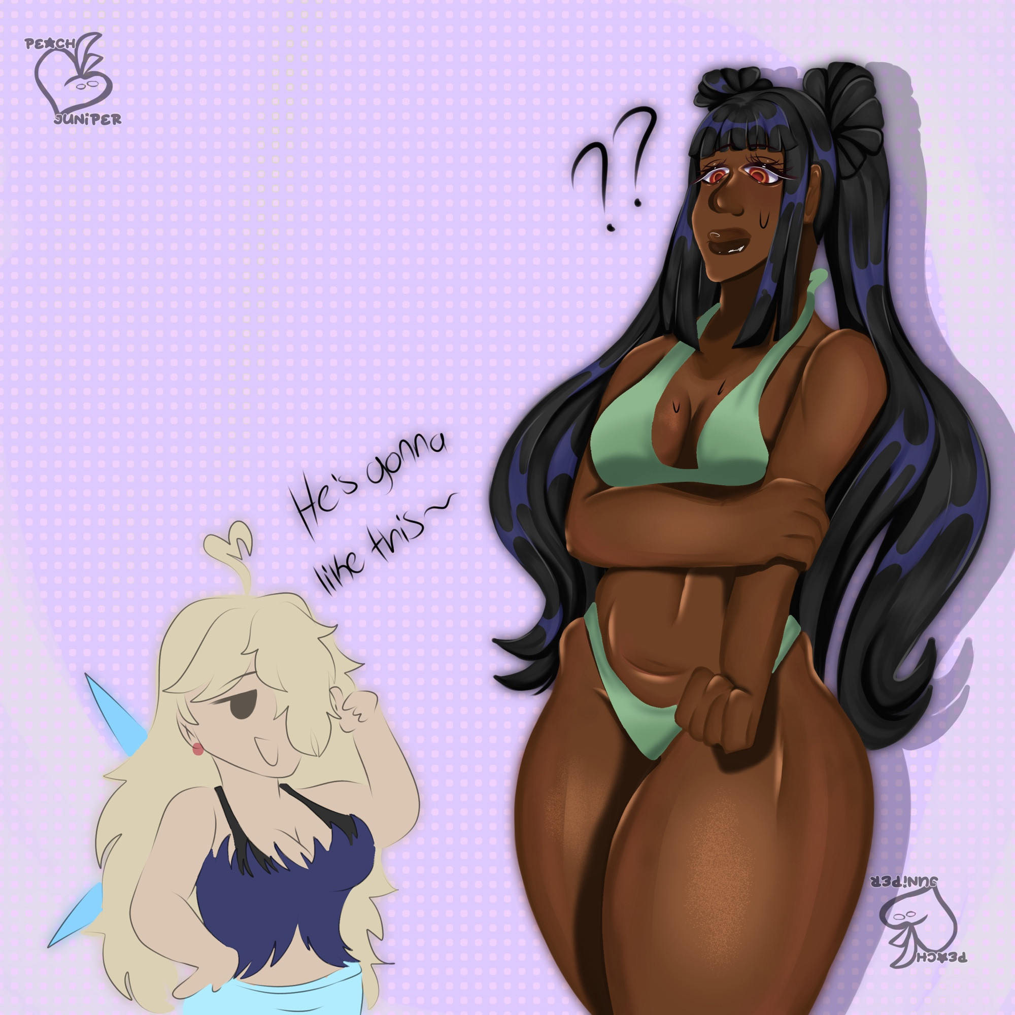 Naomi in a green poorly rendered swimsuit and Angelica giving her a thumbs up.