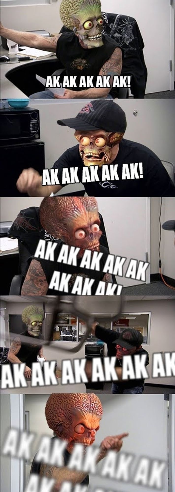 The meme featuring the two guys from American Chopper arguing. I've replaced their heads with aliens from Mars Attacks and they're cries of "AK AK AK!" become louder and more distorted in each frame.