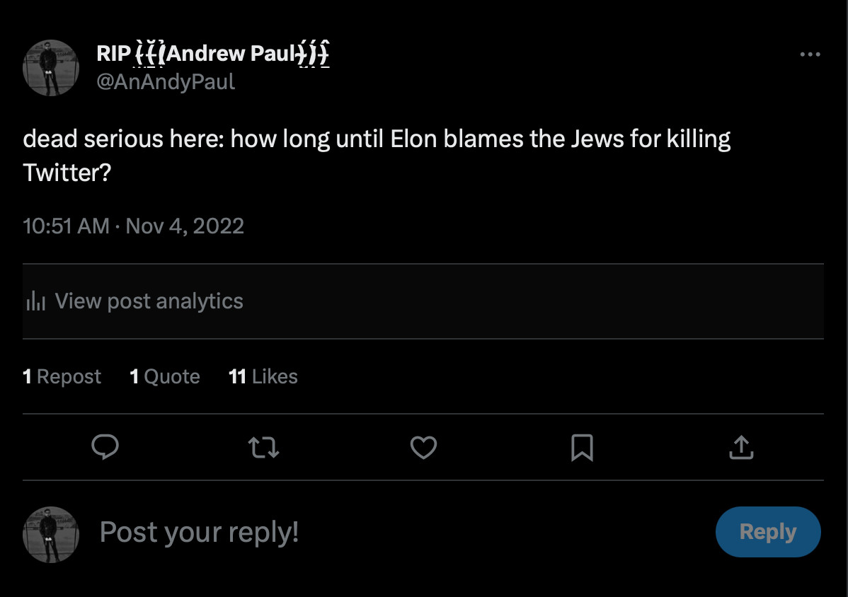 dead serious here: how long until Elon blames the Jews for killing Twitter?