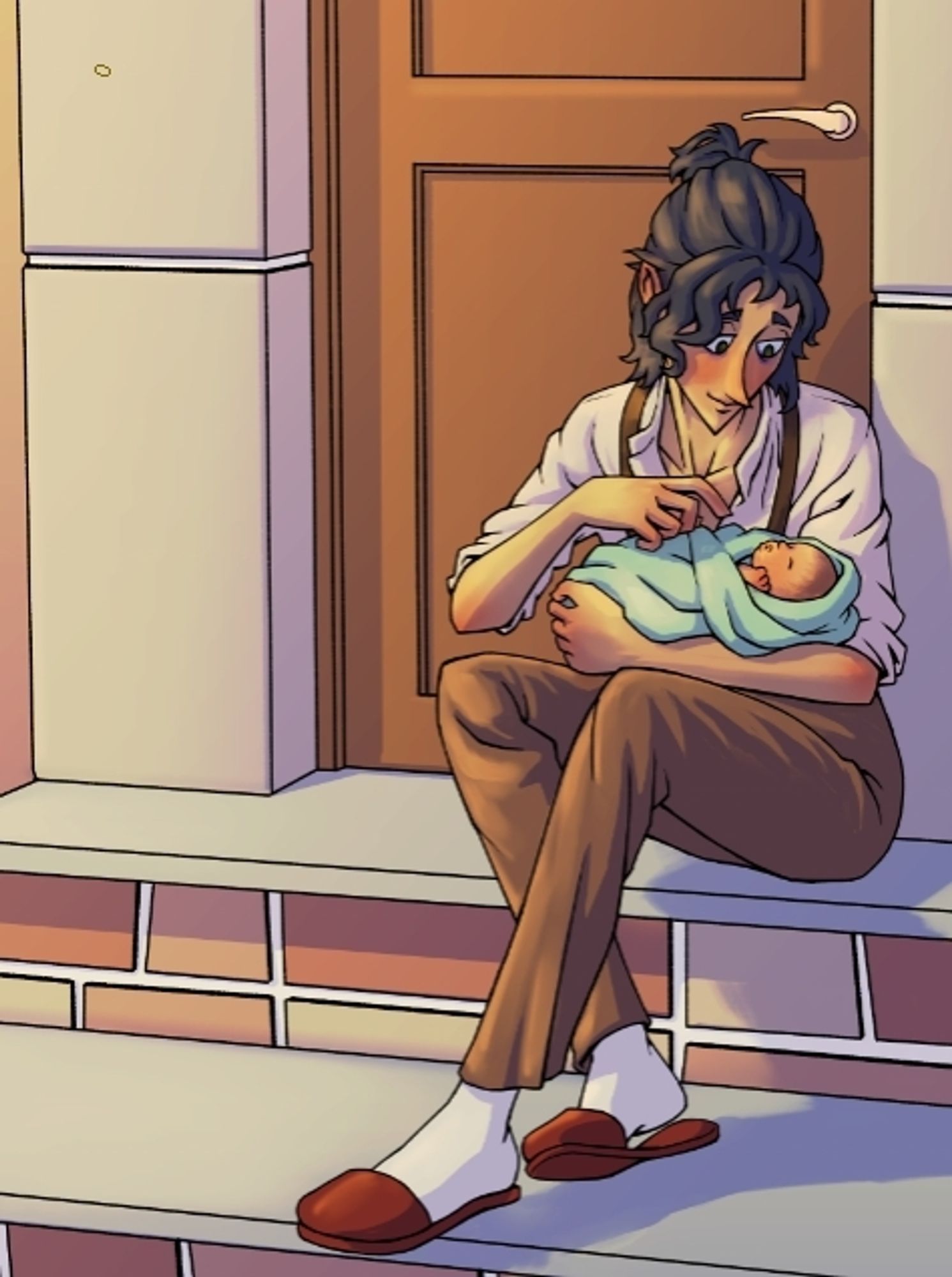 A WIP of the chapter 5 cover of The Magical Freelancer’s Guild. A young man with his hair in a half-ponytail, wearing  suspenders and slippers, sits on some steps, holding an infant wrapped in a green blanket.